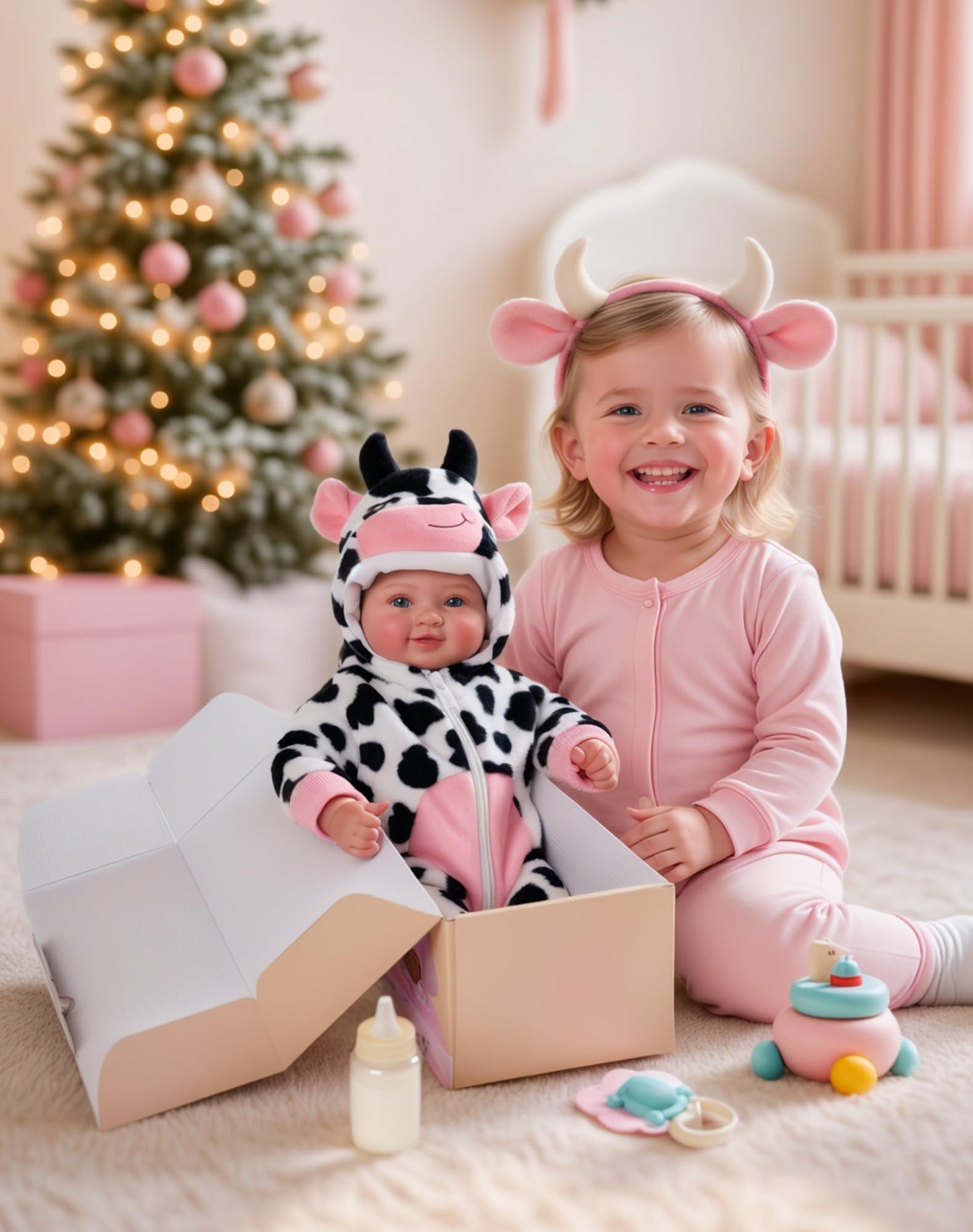 BABESIDE Baby Doll Girl - 17-Inch Soft Body Realistic Baby Doll with Blue Eyes and Cow Outfit Lightweight Real Life Baby Dolls for 3+ 4 5 6 7 8 9 Years Girl Birthday Gifts, Pretend Play and Christmas