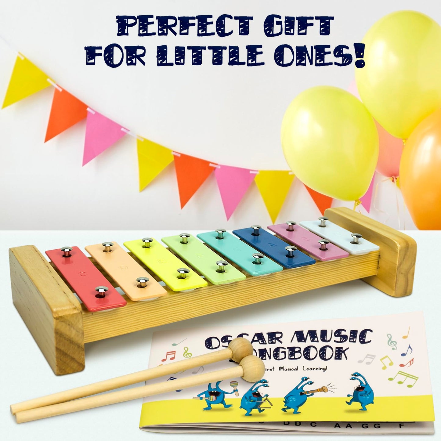 MINIARTIS Musical Instruments Set - Montessori Wooden Toys for Toddlers 1-3 | Modern Boho Baby Xylophone with Songbook | Neutral Colors Percussion Instruments | Kids Preschool Educational