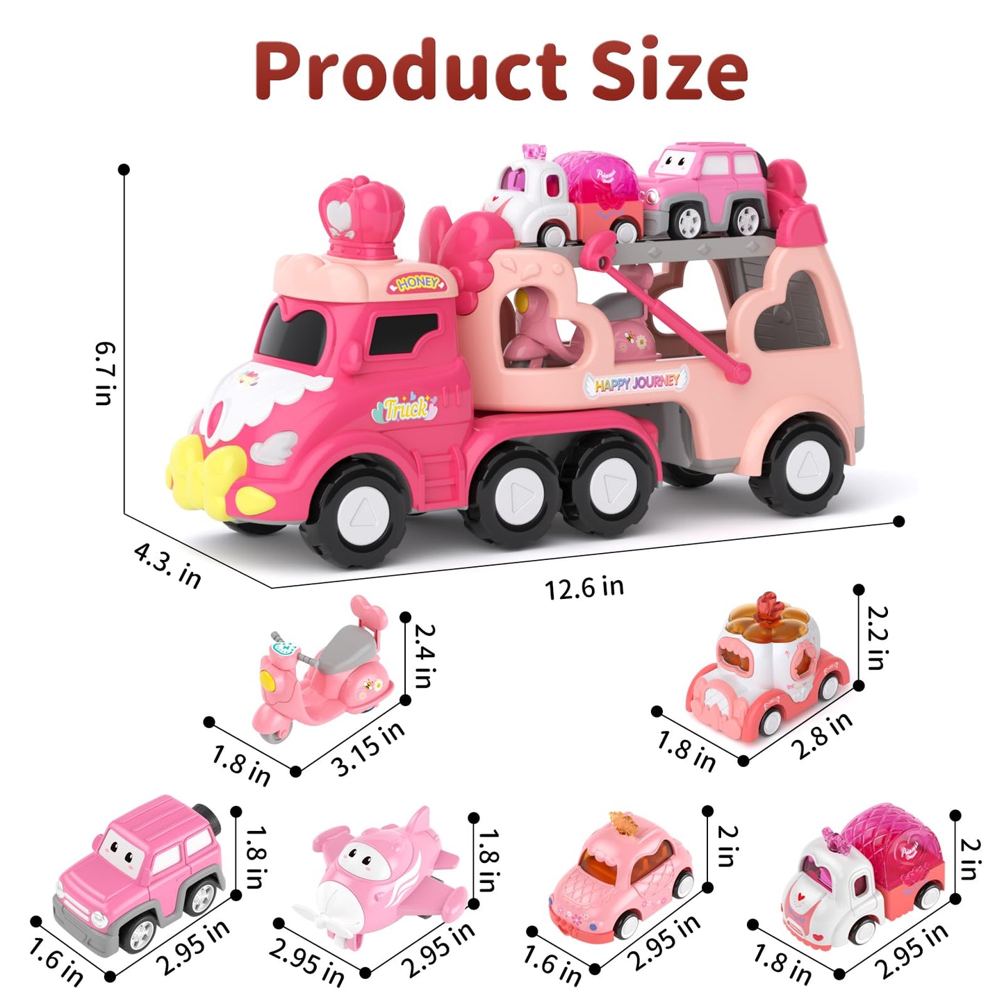 Toddler Girl Truck Toys for 2 3 Year Old Girl Birthday Gifts, 7-in-1 Pink Princess Car Transport Carrier Trucks for Toddlers 2-4, Friction Power Toy Cars with Lights & Music, My daughter First Gift