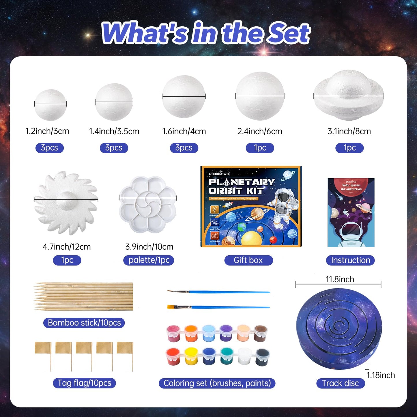 Ohanniewa Solar System Project Kit for Kids, Mixed Sized Foam Balls, Painting Tools and Disc Planetary Orbits, DIY Planets Model for Kids, Stem Toy for Boys and Girls
