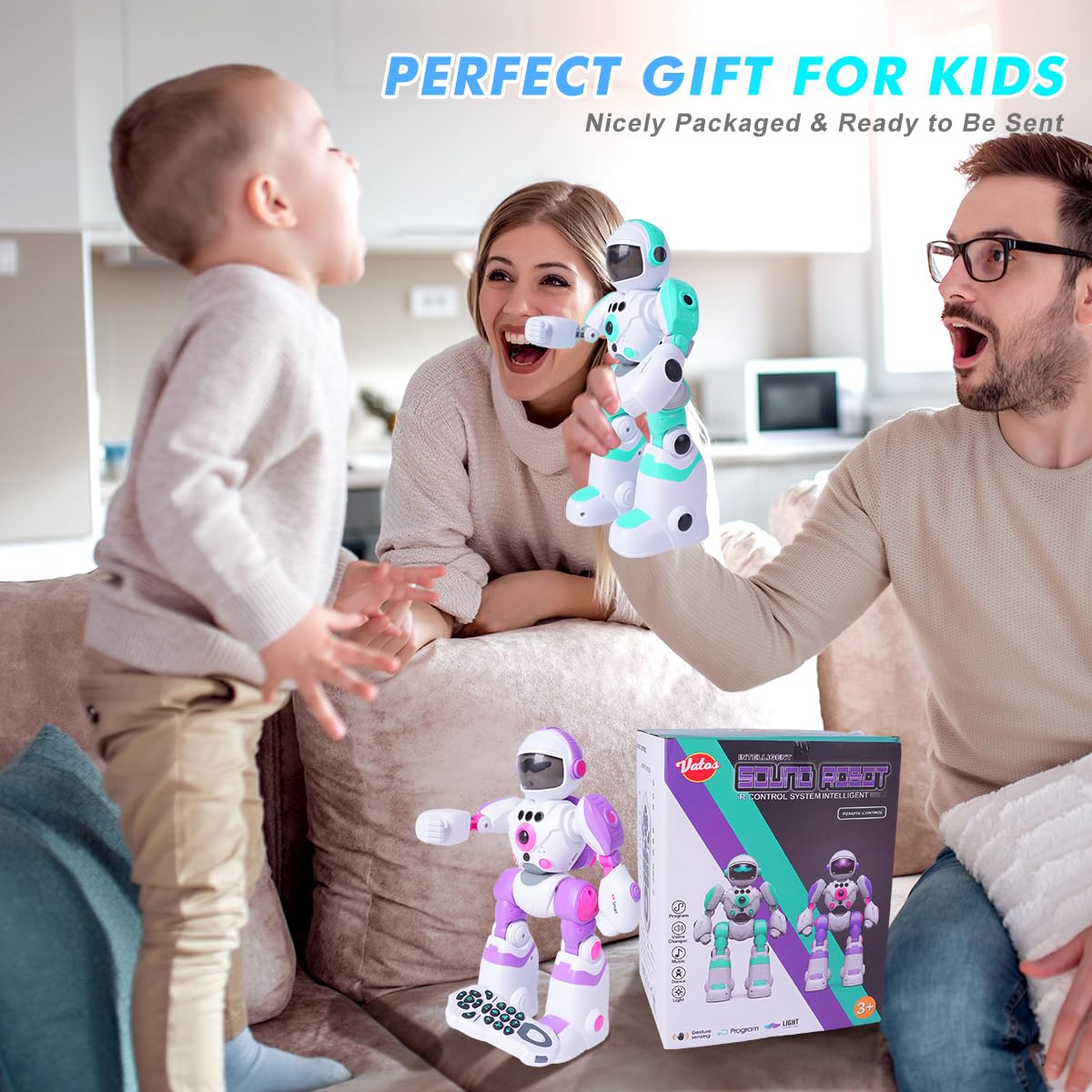 VATOS Robot Toys for Kids, 2PCS Remote Control Robot with Record Voice & Gesture Sensing Control, Rechargeable Programmable Music Dancing Functions for Toddler Boys Age 3 4 5 6 7 8 Years Old