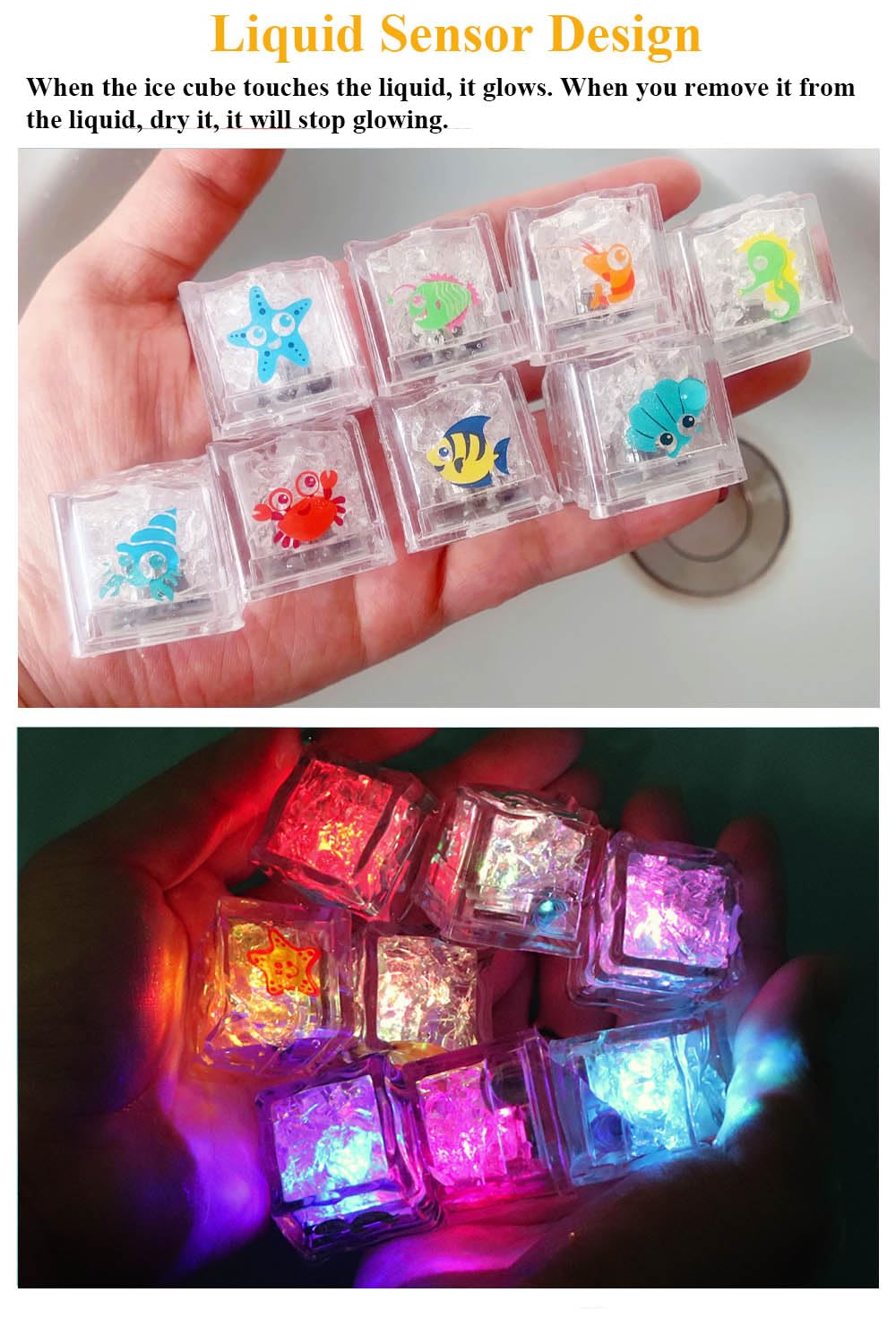 NEXTAKE Novelty Kids Bath Toy 8 PCS Simulation Ice Cube Liquid Water Sensor Mutlticolor Glowing Luminous Ice Cube with Marine Plants and Animals Pattern for Bathtub, Swimming Pool