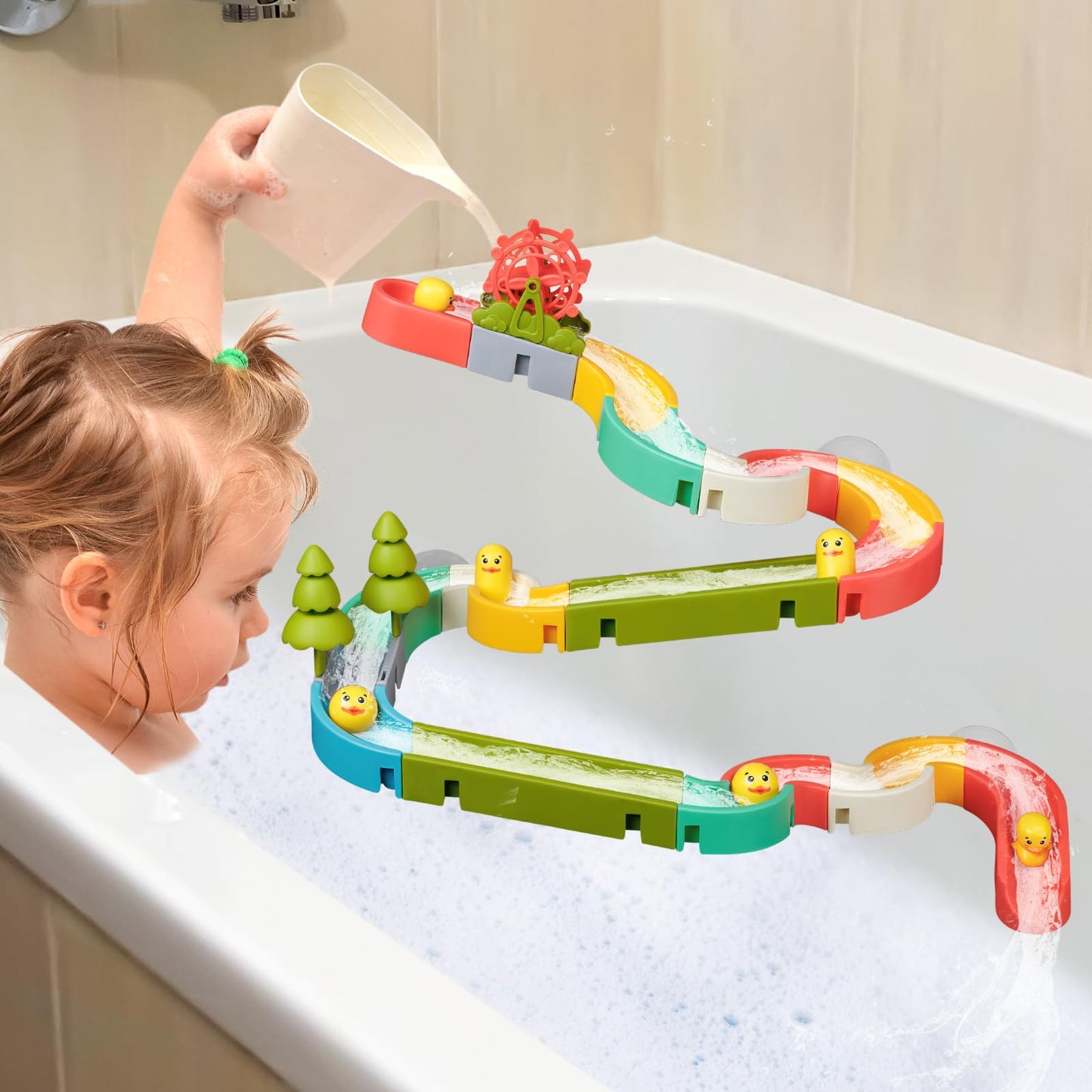 SOCBTNSO 38 PCS Duck Slide Toys, Bath Toys for Kids Ages 4-8, DIY Building Kit for Ages 5-7, Bathtub Time Birthday Gifts for Toddler 3 + Year Old