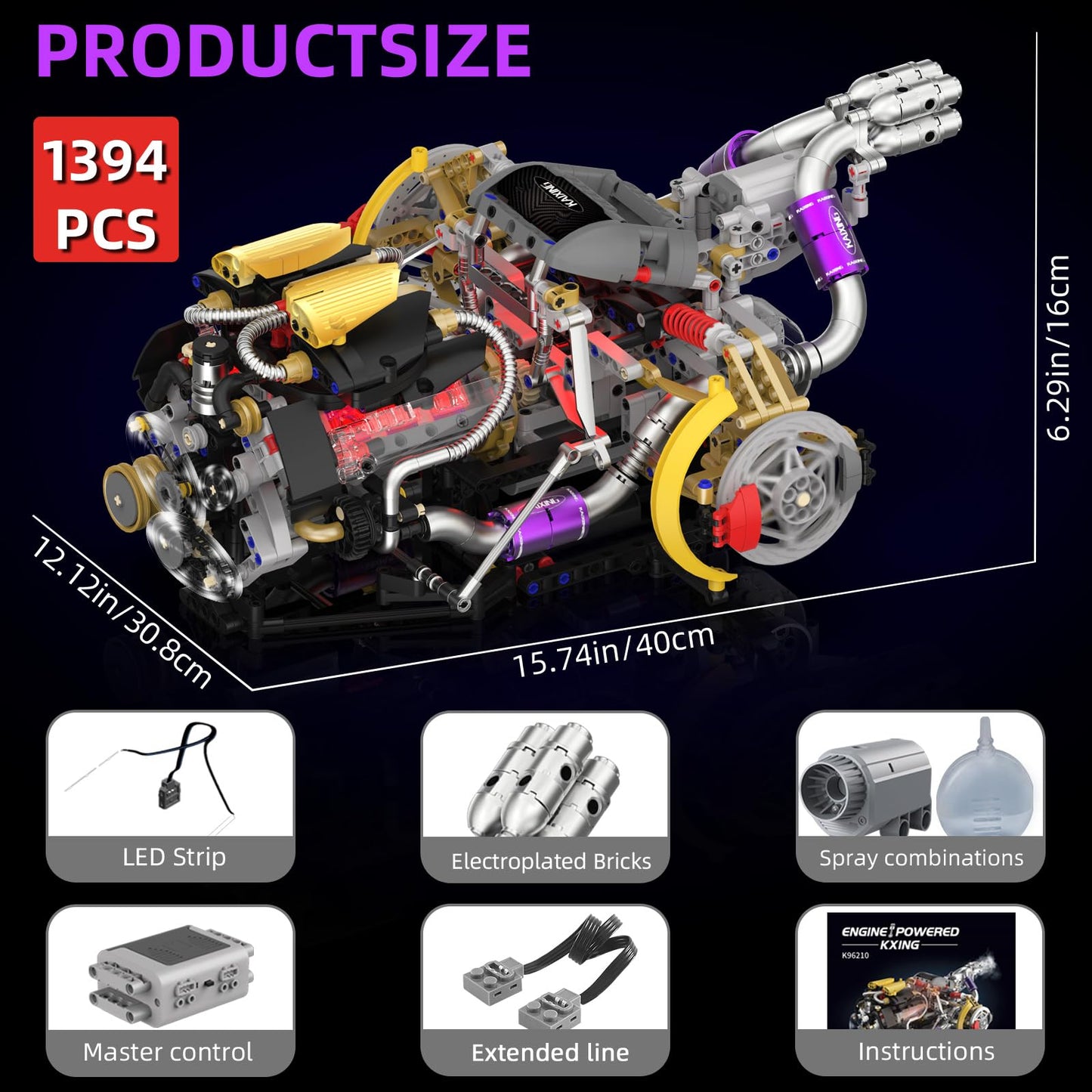 Suplanet V8 Engine Model Kit that Runs - Build Your Own Engine Building Block Set with Spray, Light & Sound Effects, STEM Engineering Toy for Adults & Kids 8-14, 1394-Piece Mechanical Building Kit