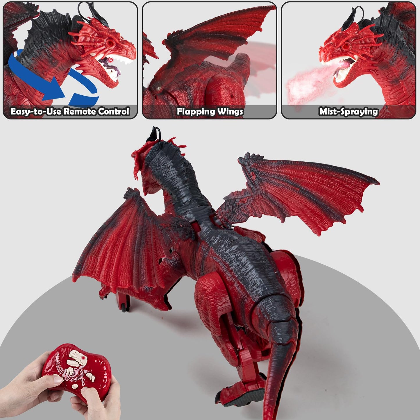 Remote Control Dragon Toy for Kids with 360° Swaying Head, Roaring, Spraying & Light Up- Remote Control Robot Toys for Kids - Red