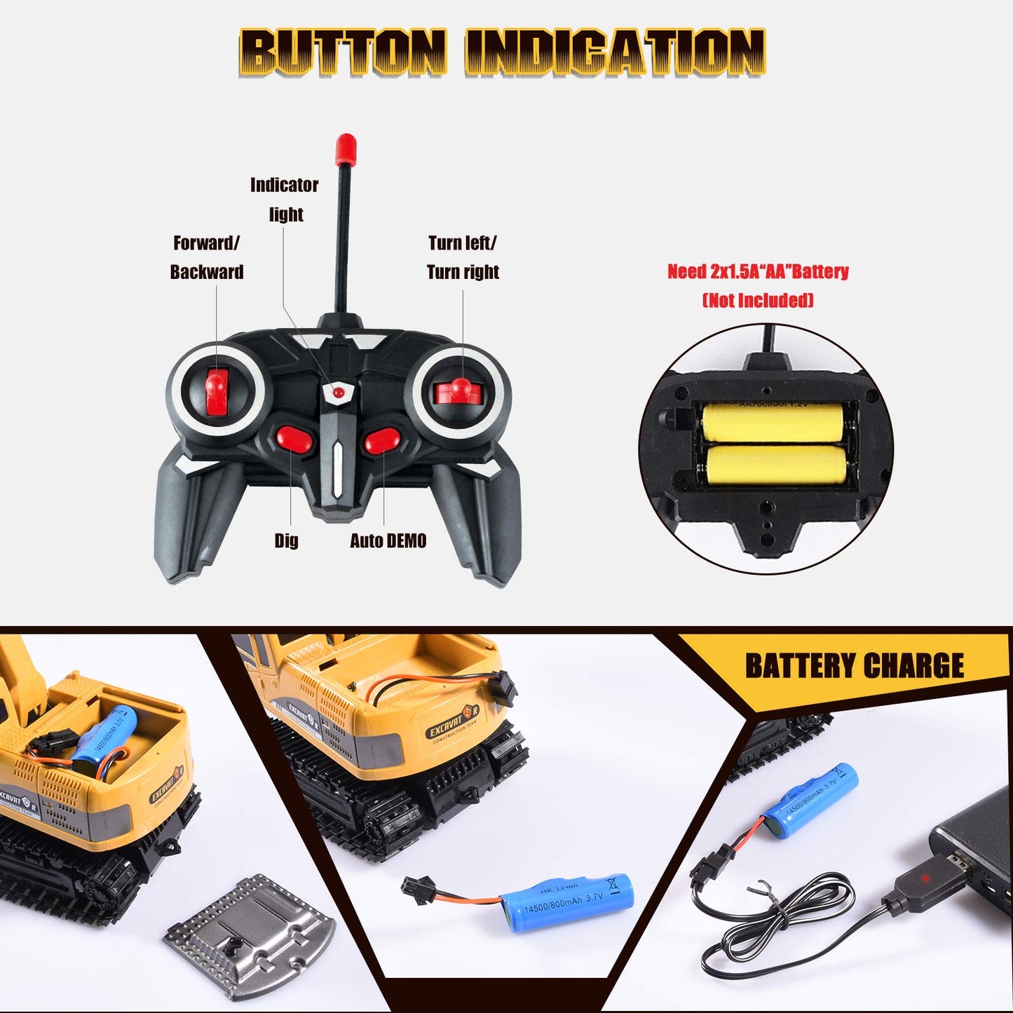 Onadrive Construction Excavator Toy - Kids Toy Engineering Digger Truck, Remote Control Rechargable Hydraulic Car for 3 4 6 7 8 Year Old Boys Girls, Educational Toys for Kids & Children