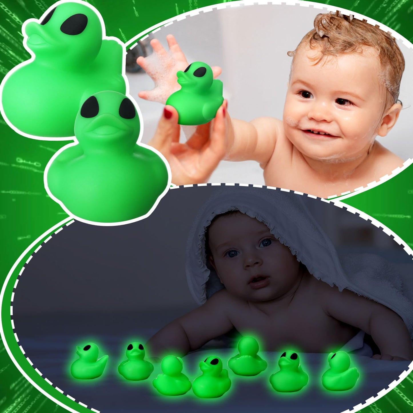 Leyndo 24 Alien Duck Figures Glow in The Dark Rubber Aliens Party Favors Decoration Green Squeaky Duck Figurine to Hide and Seek Bath Toys Bag Fillers Bulk Gifts for Space Party Supplies