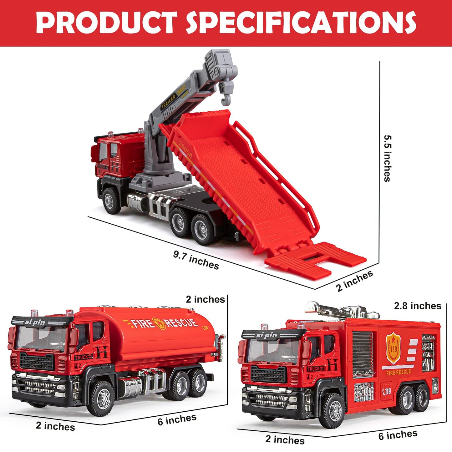 TAKGUD 4 Packs Metal Fire Trucks Playsets, Mini Friction Powered Vehicle, Including Fire Engine, Ladder Truck, Die-cast Tank, Tow, Realistic Design for Toddlers Boys, Kids Aged 3+ Years Old