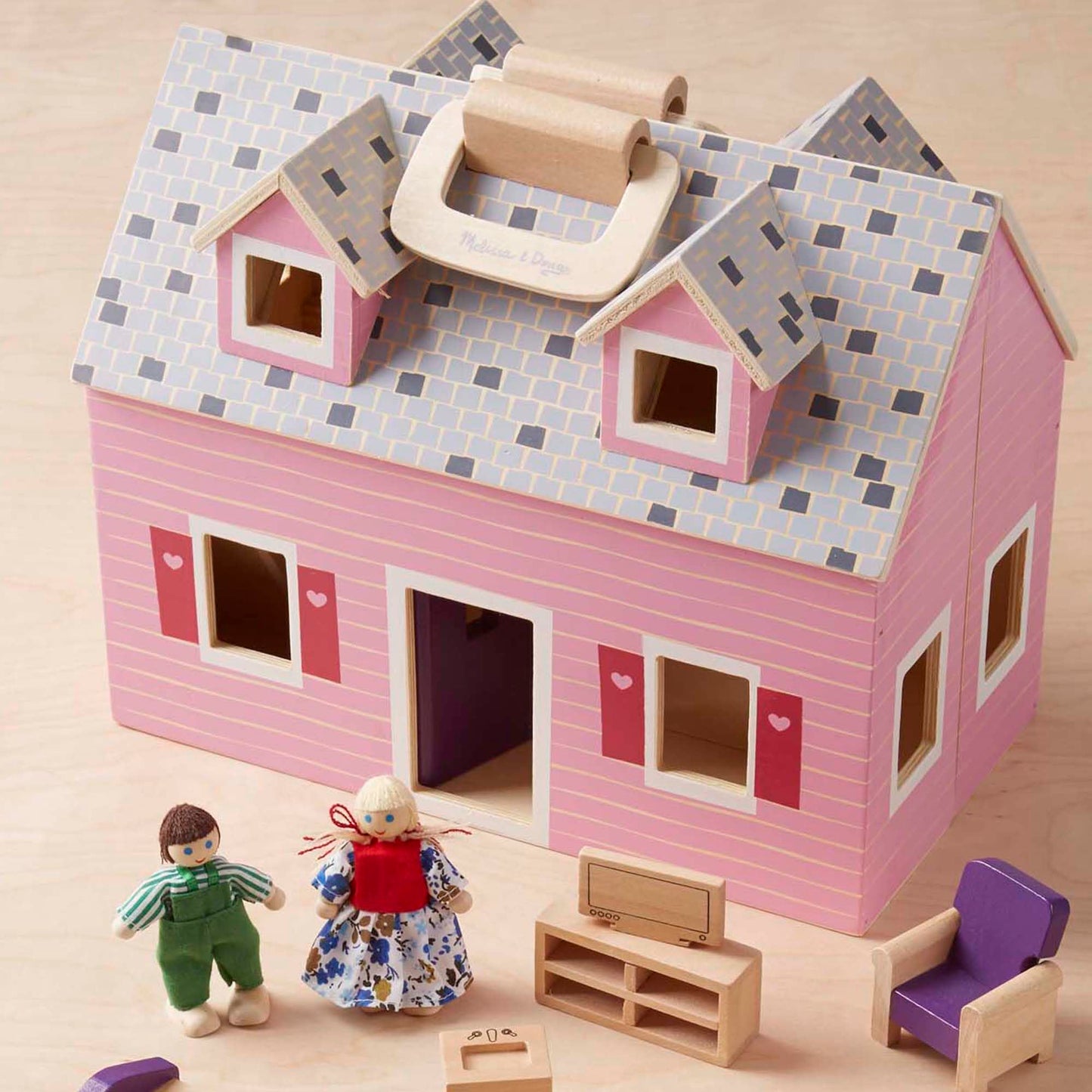 Melissa & Doug Fold & Go Wooden Dollhouse with 2 Dolls and 11 Pieces of Furniture - Portable Mini Doll House with Accessories and Toy Figures, Ages 3+