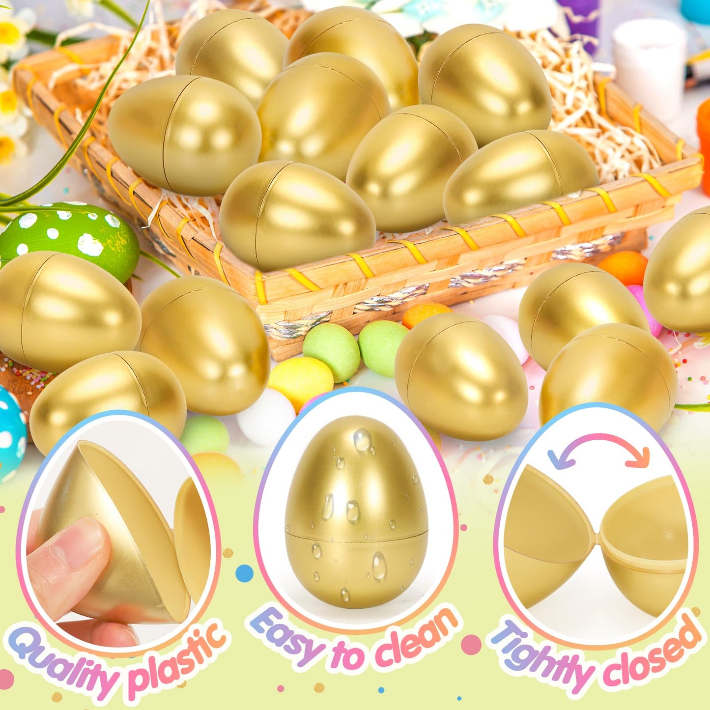 SevenQ Plastic Easter Eggs Empty 2.3” 50Pcs, Fillable Golden Egg for Easter Basket Stuffers Gifts for Kids Party Favors Pinata Goodie Bags Treasure Box Toys Fillers Easter Egg Hunt Games Decorations