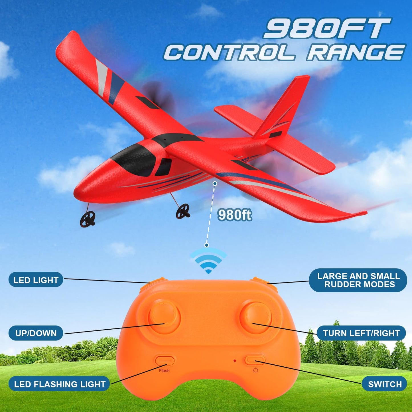 HRZPACT RC Airplane, 2.4GHZ Remote Control Airplane 2CH RC Plane, Hobby RC Airplanes Toy W/ 3 Batteries & Gyro Stabilizer, Easy to Fly for Beginners Kids Boys Girls Adults (Red)