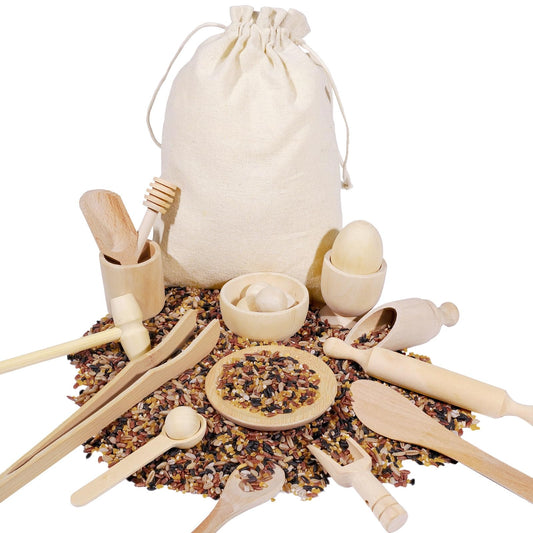 Hiawbon 25PCS Wooden Sensory Bin Tools for Toddlers, Wooden Pretend Play Sensory Tools Set, Montessori Sensory Wooden Toys, Fine Motor Learning Toys for Counting Sorting Hammering Pounding