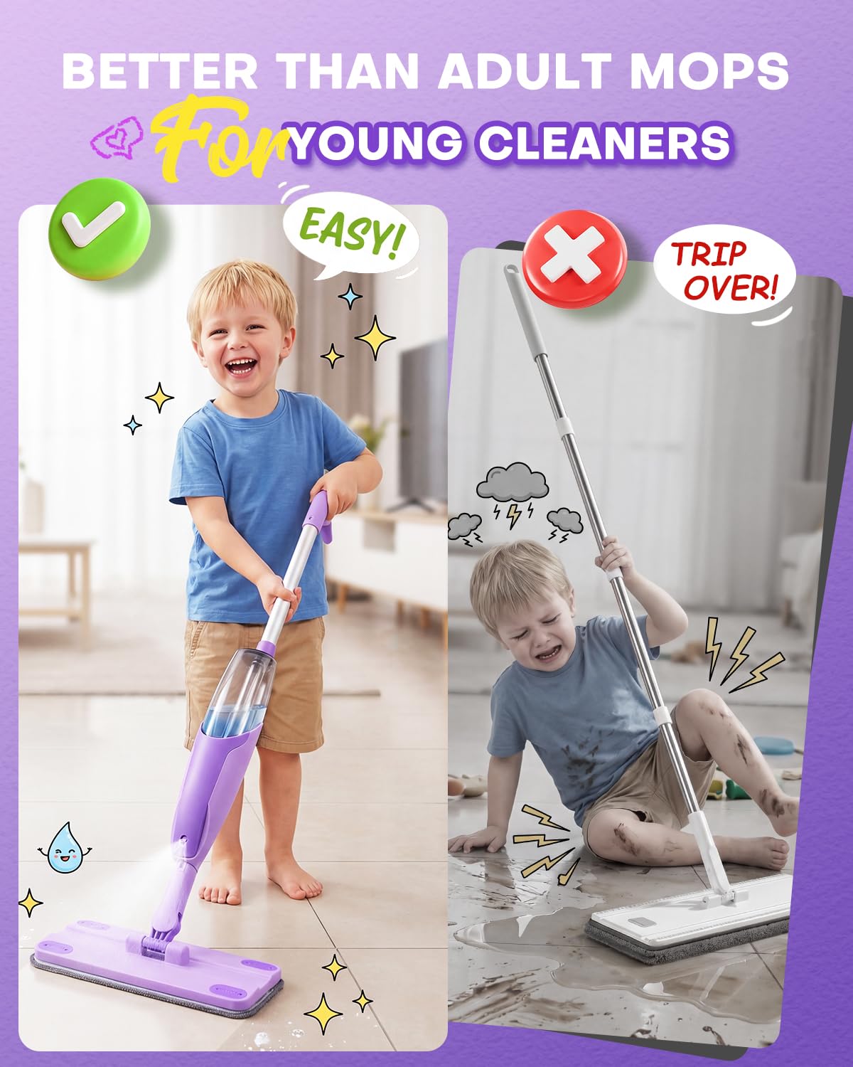 Purple Mini Spray Mop for Toddler-Montessori Cleaning Toy that Real Spray Water,Pretend Playhouse Essentials for Girls Ages 3-8,Toddler Educational Housekeeping Set