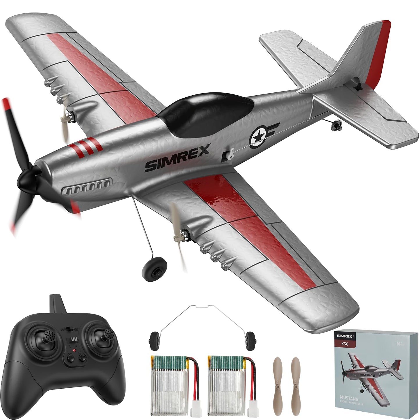 SIMREX RC Plane for Kids & Beginners - P51 Foam Glider, 2.4GHz 3-Channel Remote Control Airplane Toy with 6-Axis Gyro, Easy to Fly RC Airplane for Outdoor Park Play - Gift for Boys & Girls