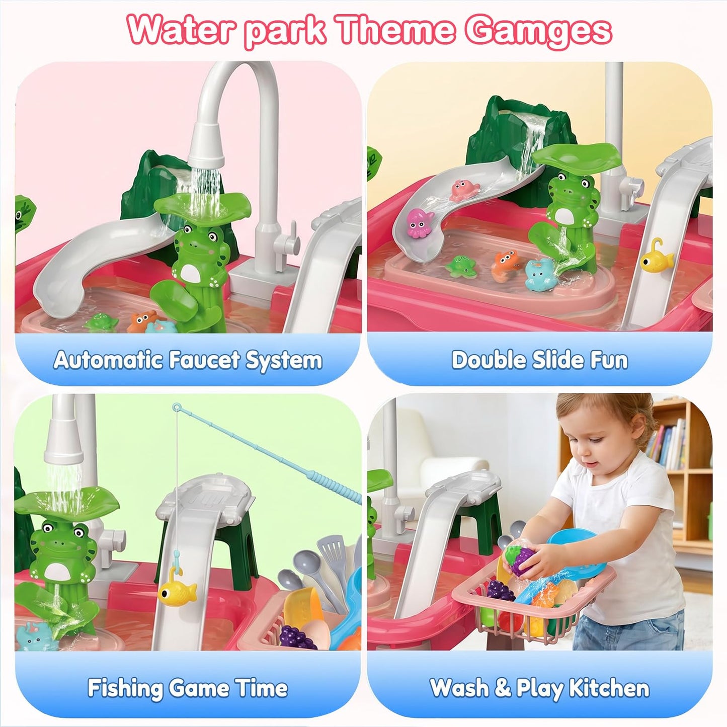 Hechify 2026 Upgraded Toddler Water Table, 4-in-1 Play Sink with Real Running Water & Pump, Kitchen Sink with Fishing Game, Outdoor Sensory Toys for Kids Toddler Baby Ages 1-3 4-8 (Red)