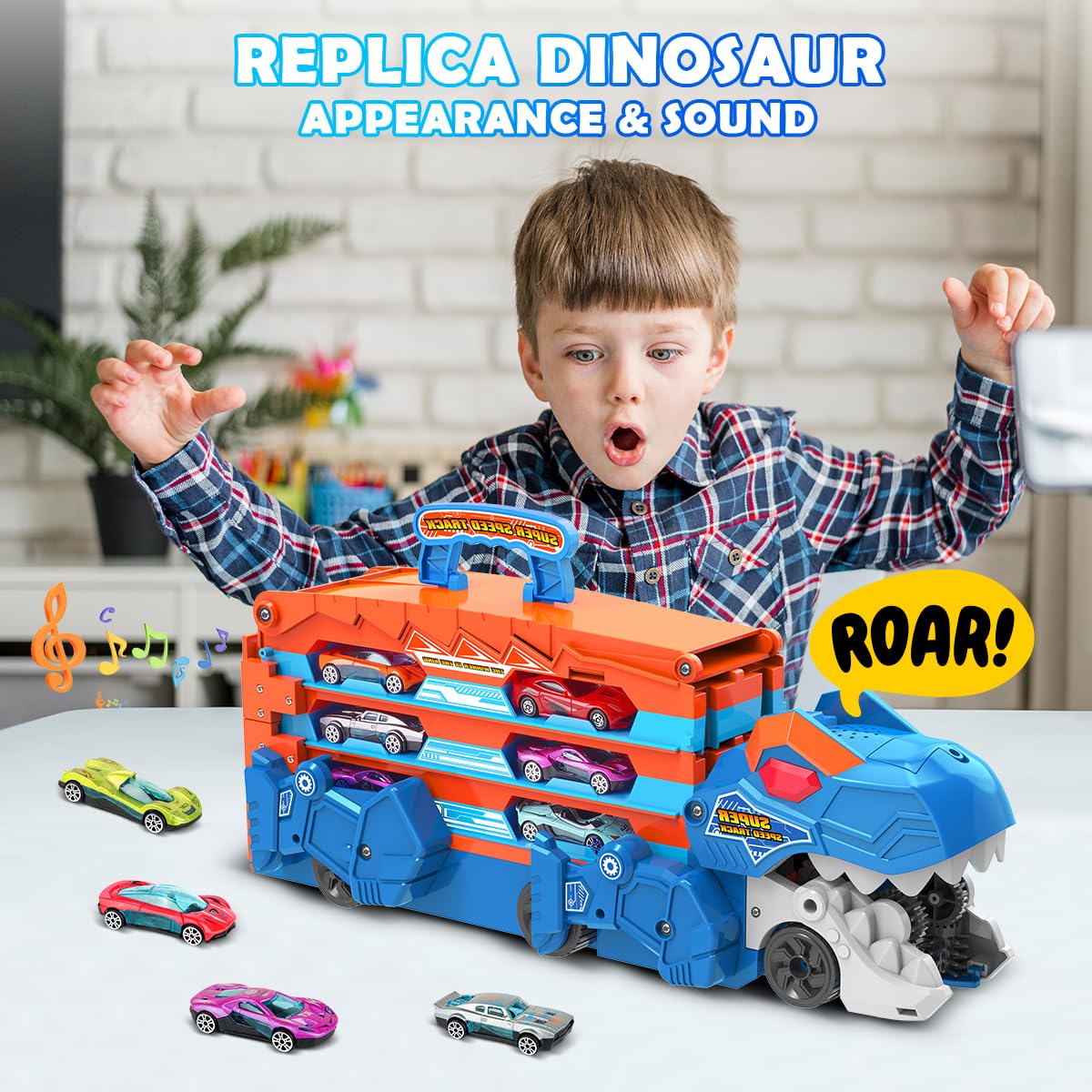 VATOS Toddler Truck Toy - Ejection Folding Dinosaur Track, Portable Truck Car with 8 Race Cars, Best Gift Toy Cars Set for Toddlers 3 4 5 6 7 Years Old