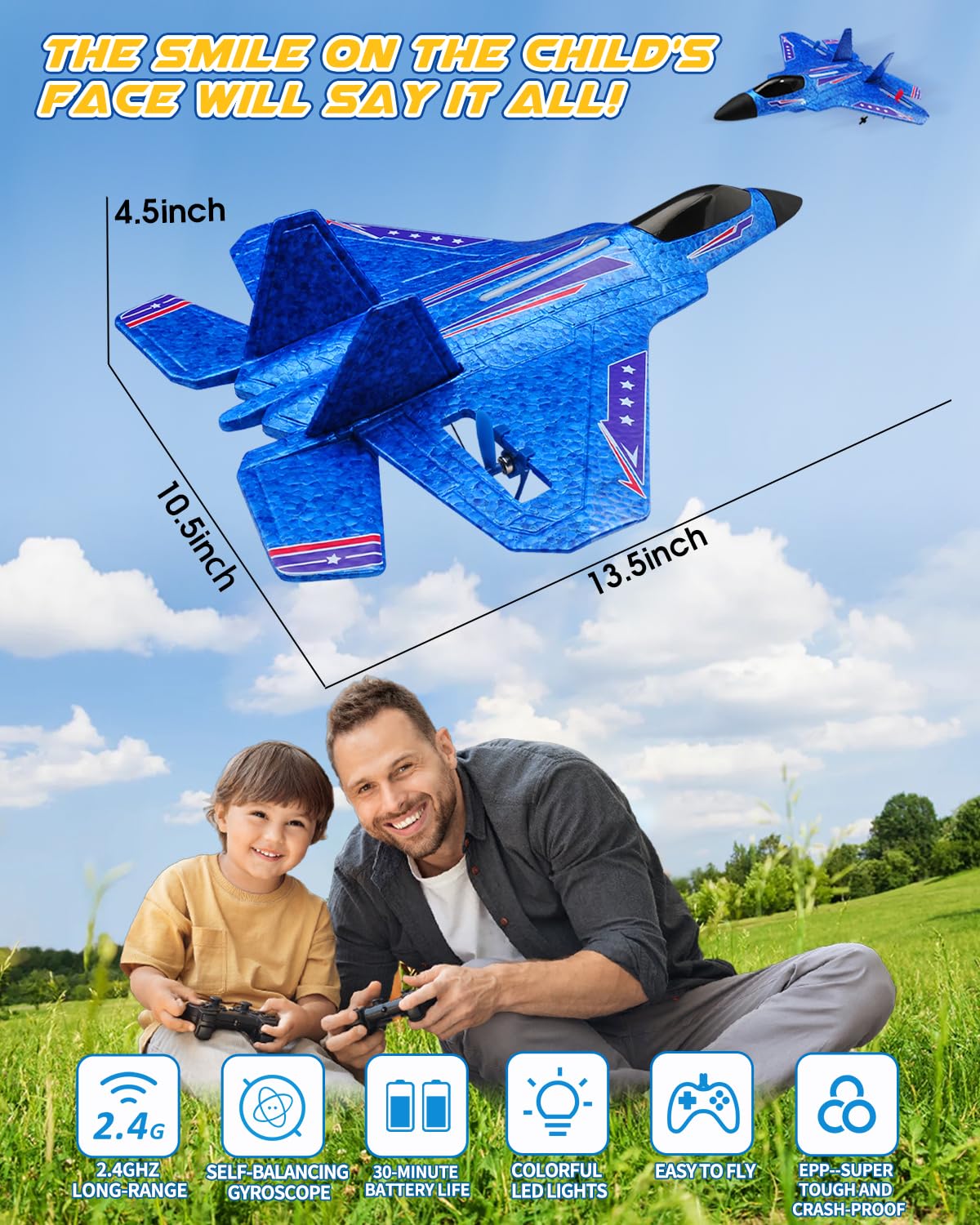 ANTSIR F22 RC Airplane Easy to Fly - 2.4GHz Remote Control Fighter Jet with Gyro Stabilizer & LED Lights, 2 Batteries Foam RC Glider for Kids Boys Adults Beginners (Blue)