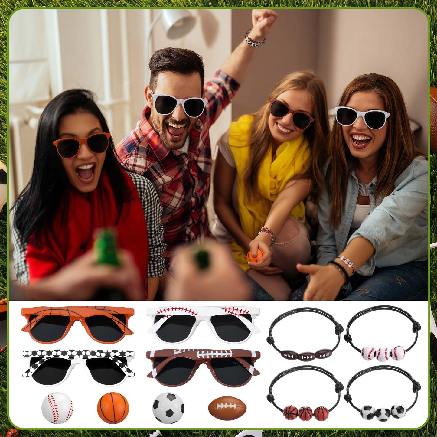 Teyva Daily 72 Pcs Sportball Party Favors Bulk Serve 24, Sport Glasses Sportball Stress Balls Bracelet Baseball Football Soccer Basketball Sports Club Team Reward Birthday Party Supplies for Women Men