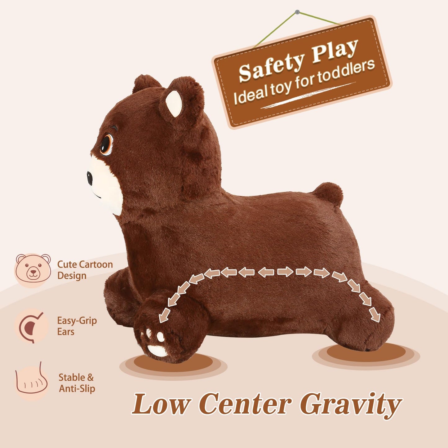 INPANY Bouncy Horse, Bear Hopper Toys, Toddlers Brown Bouncing Animal, Inflatable Plush Bounce Buddies, Kids Ride on Rubber Bouncer, Indoor Outdoor Birthday Gifts Toy for 2 3 4 Year Old Girls Boys