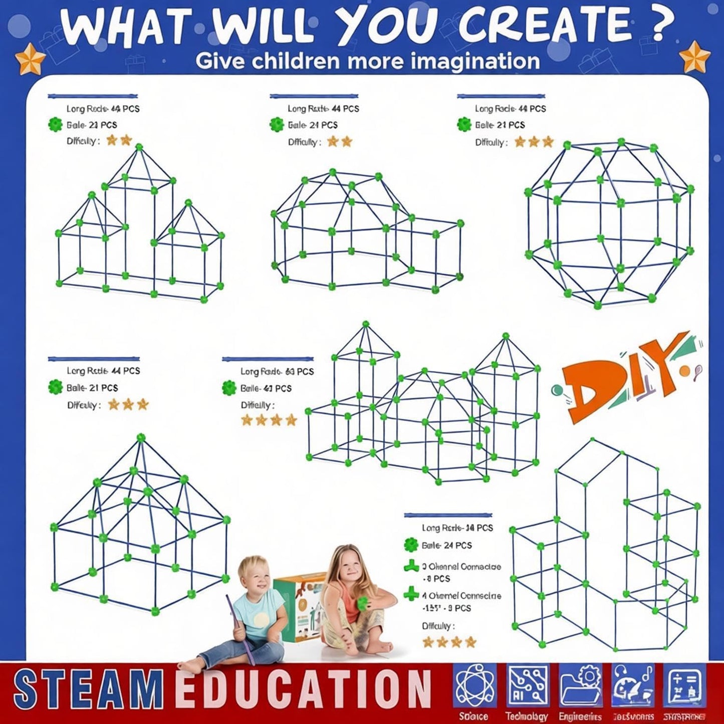 zqiliboyi 140 PCS Kids Fort Building Kit, DIY Construction Toys for Kids Ages 5+, STEM Educational Toys for Boys & Girls, Indoor Outdoor Fort Builder Set to Build Castles, Tents, Playhouses & Dens