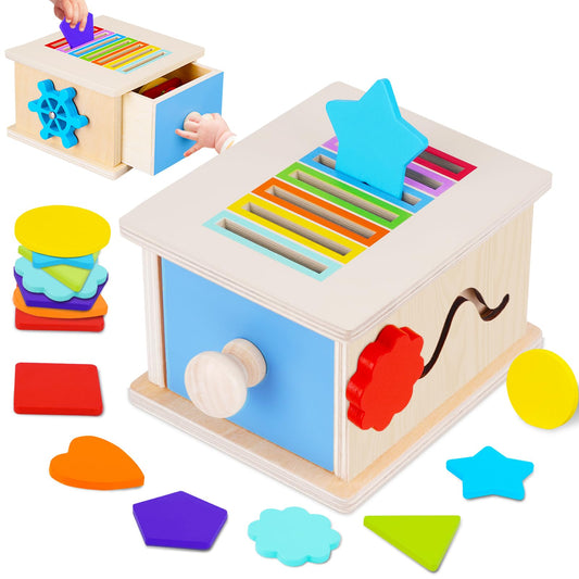 FCSONU Toddlers Montessori Coin Box Toys for 1 2 3 Year Old Boys Girls, Wooden Baby Toys for Toddlers 1-3, Color Sorting Stacking Sensory Toys for Ages 2-3, Easter Birthday for Kids