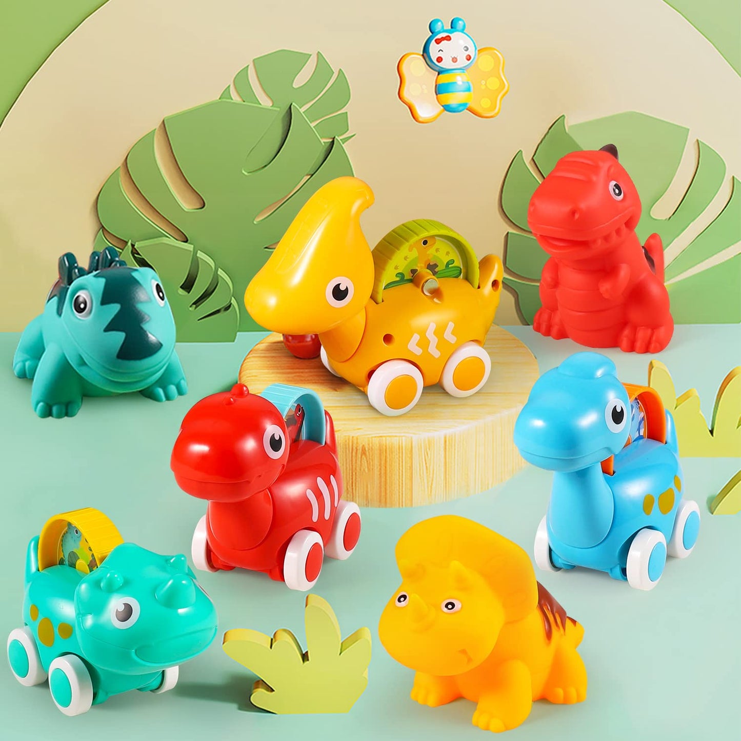 ALASOU 7 PCS Dinosaur Car Toys with Playmat and 3 PCS Suction Cup Rotating Toys for Infant and Toddlers