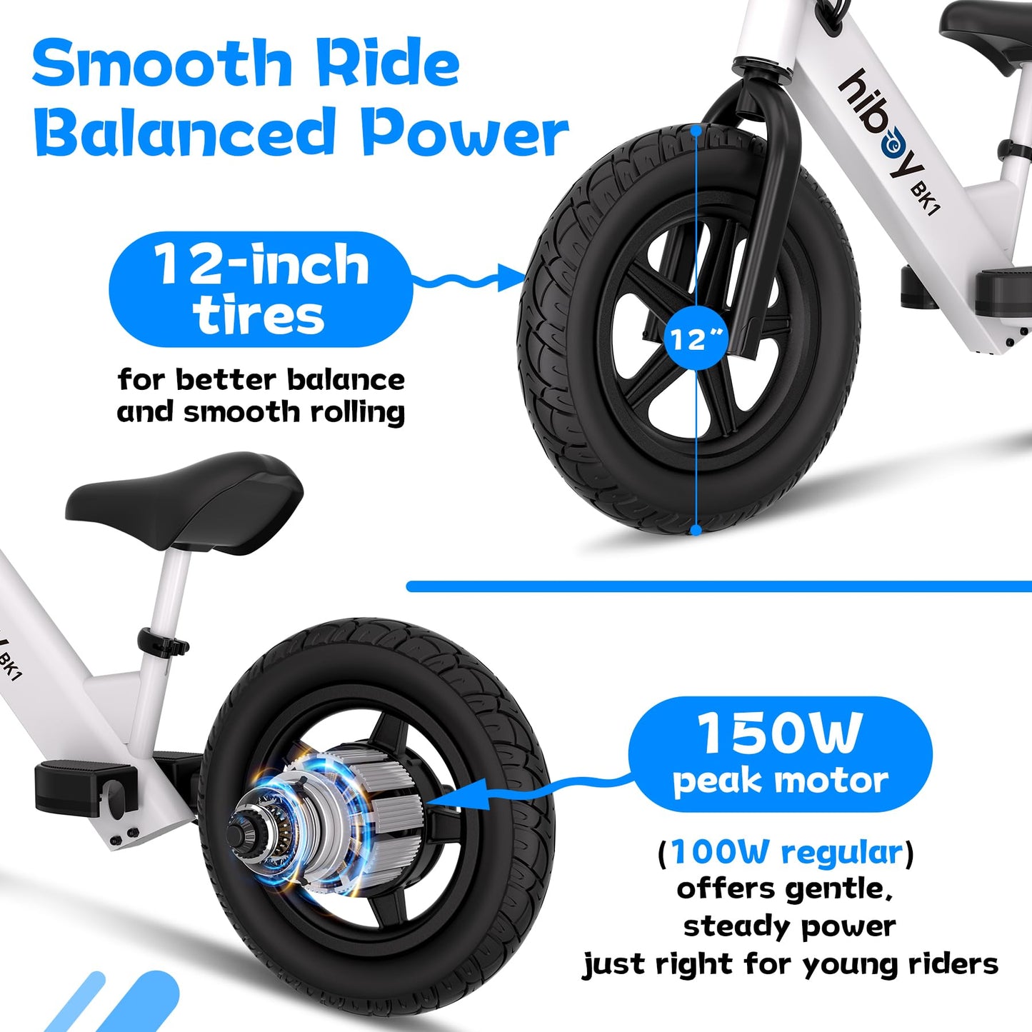Hiboy BK1 Electric Balance Bike for Kids, 12 Inch Tires, 150W Peak Motor, Adjustable Seat, 21.6V/2.6Ah Battery, Electric Bike for Kids Ages 3-5