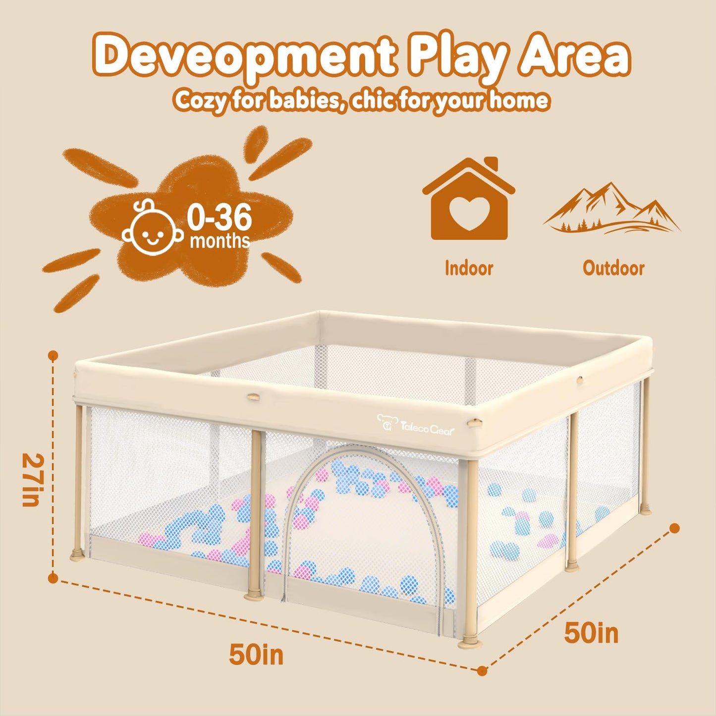 Foldable Baby Playpen for Babies and Toddlers, 50x50 Inch Portable Play Yard, Collapsible Play Pen with Mat, Visible Mesh, 50 Ocean Balls, Indoor/Outdoor Baby Fence Activity Center for Home