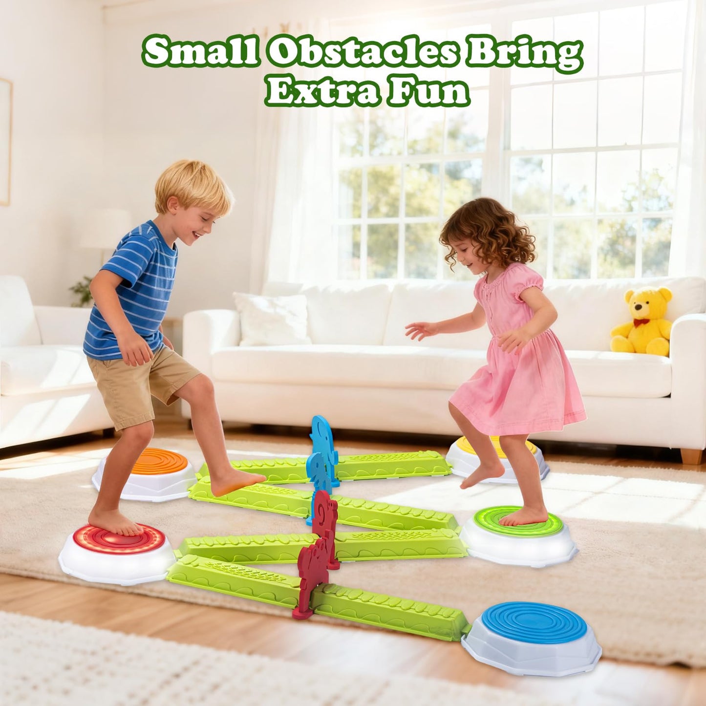 Light Up Stepping Stones for Kids, 15 piece Balance Beams Toddler Stepping Stones Obstacle Course Sensory Toys with Game Spinner and Card for Indoor Outdoor Toys Gifts for 3 4 5 6 7 8 9 Years Old Kids