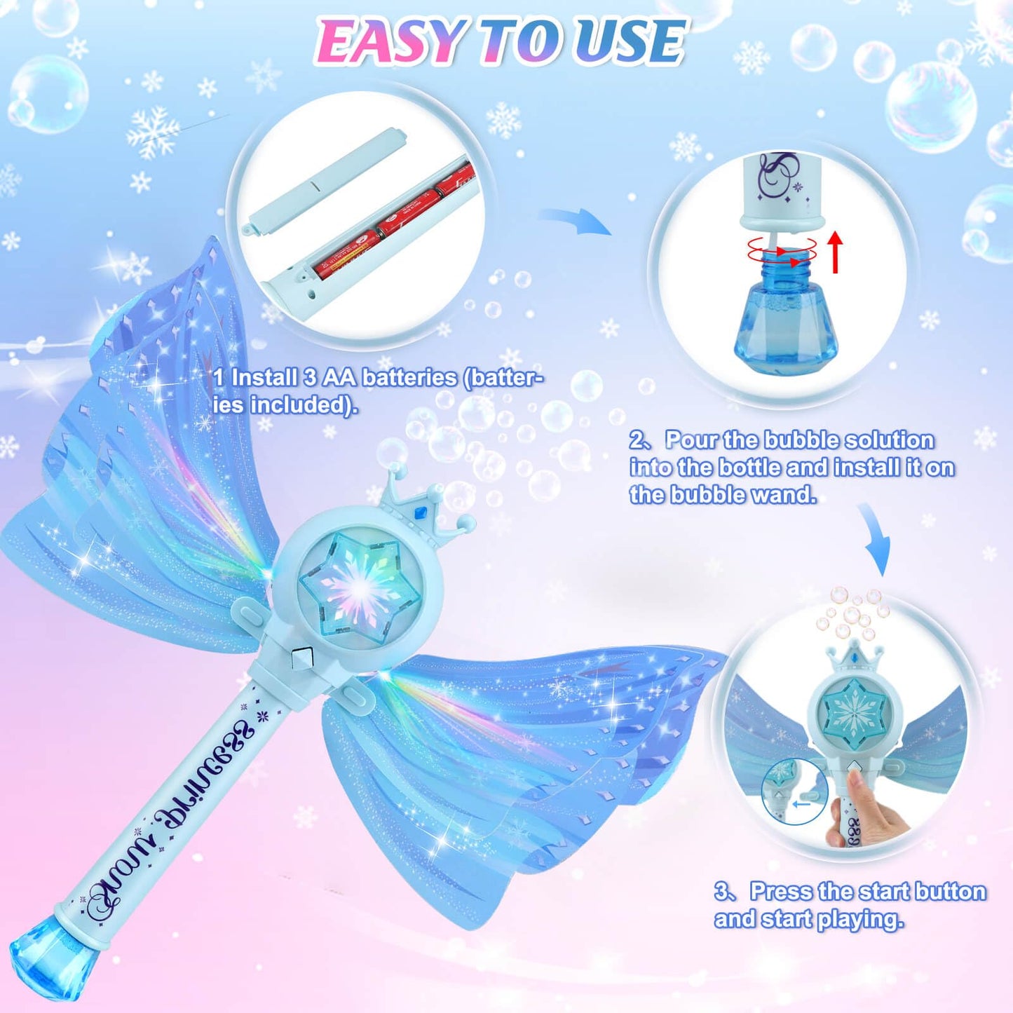 Britik Bubble Wands for Kids Girls - LED Light & Music Bubble Machine: 3 AA Batteries & 2 Bubble Solutions, Outdoor Party Birthday Toys for Toddlers, Gift for 3 4 5 6 7 8 Year Old Girls, Blue