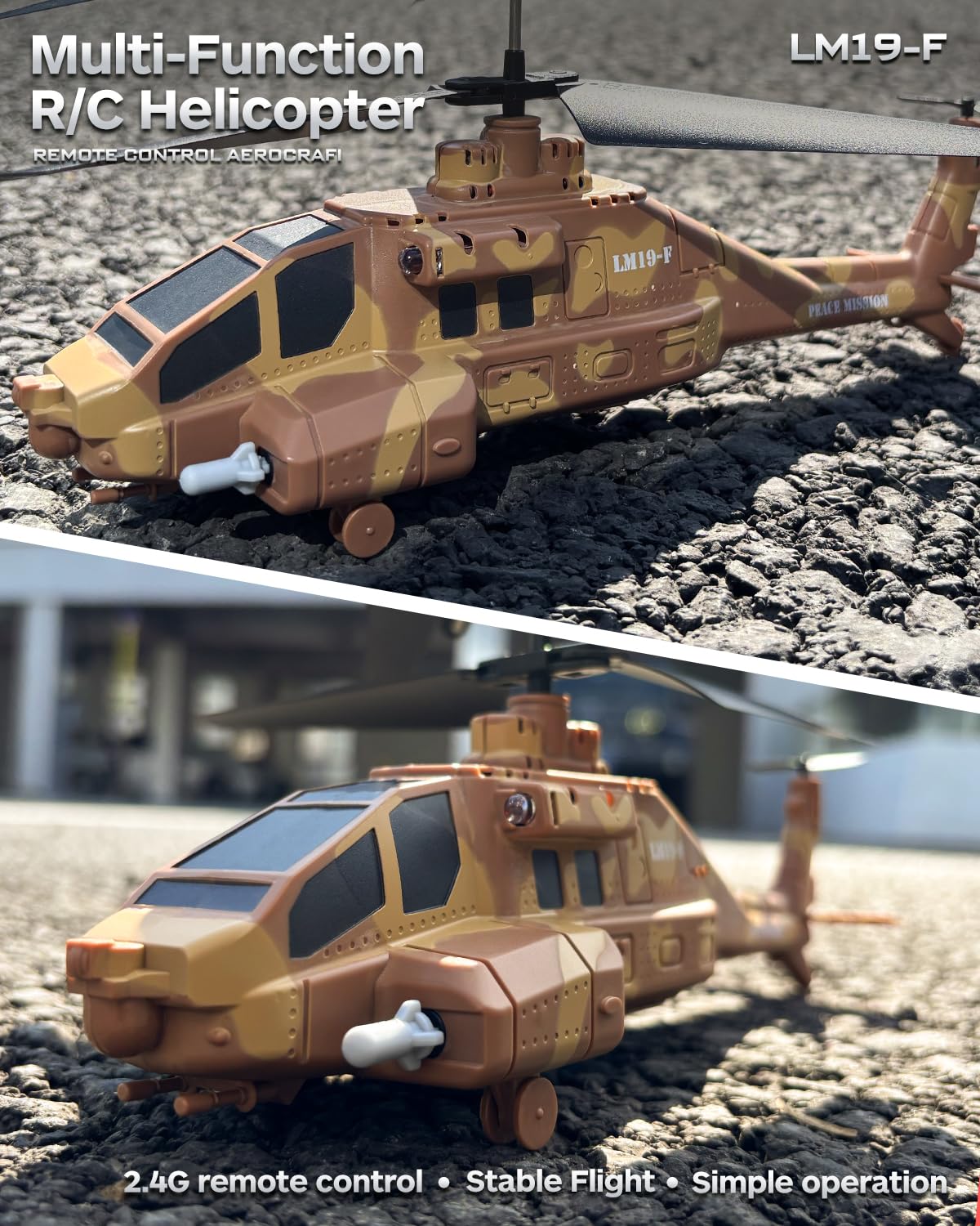 LMRC RC Helicopter with Missiles, 2.4GHz Remote Control Army Helicopter for Beginners & Adults, Military Helicopter, LED Lights, Altitude Hold, One-Key Take Off, Gift for Military Fans (Brown)