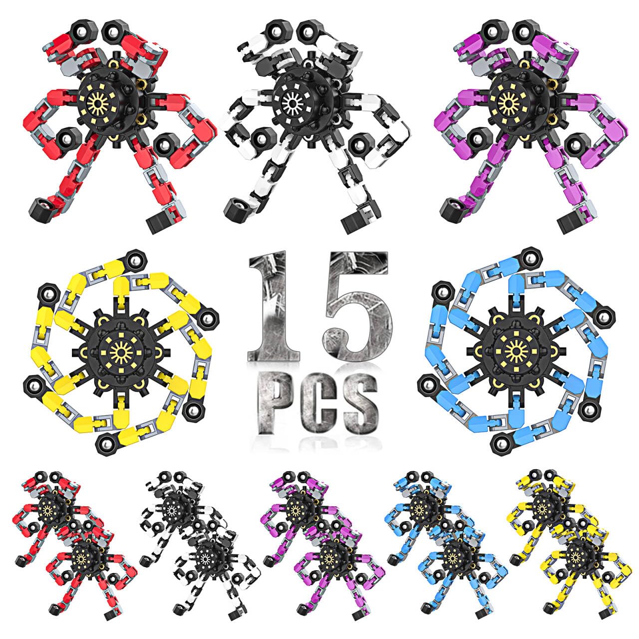 Easter Basket Stuffers Transformable Fidget Spinner for Kids and Adults,Deformable Chain DIY Robot Spinner Sensory Toy, Stress Relief Fingertip Gyros Party Favors (Fidget Toys 15PC)