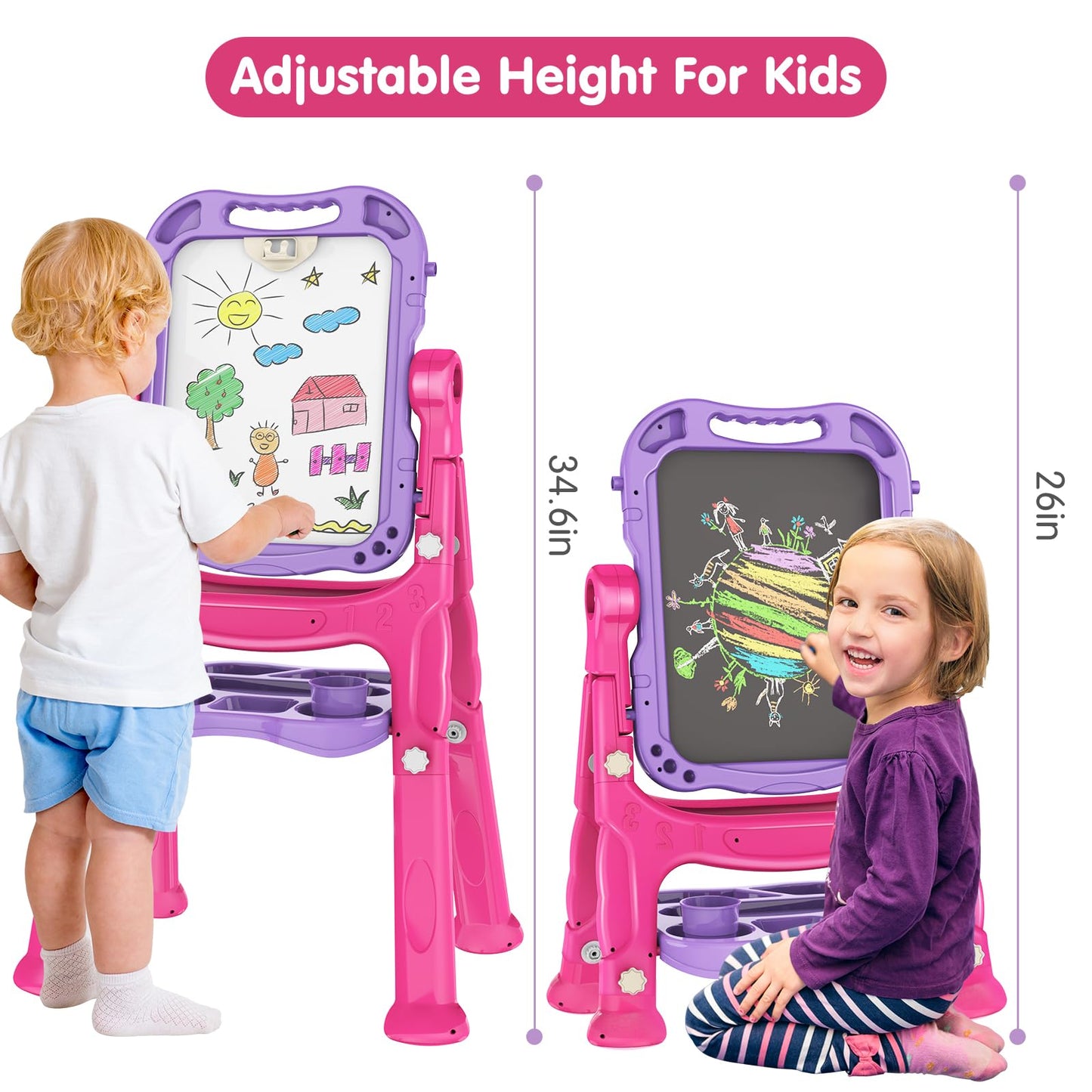 Amagoing Easel for Kids, Adjustable Standing Art Easel for Toddler, Double Side Drawing Board with Painting Accessories, Birthday Christmas Gift Toy for Boys Girls 3 4 5 6 Years Old, Purple