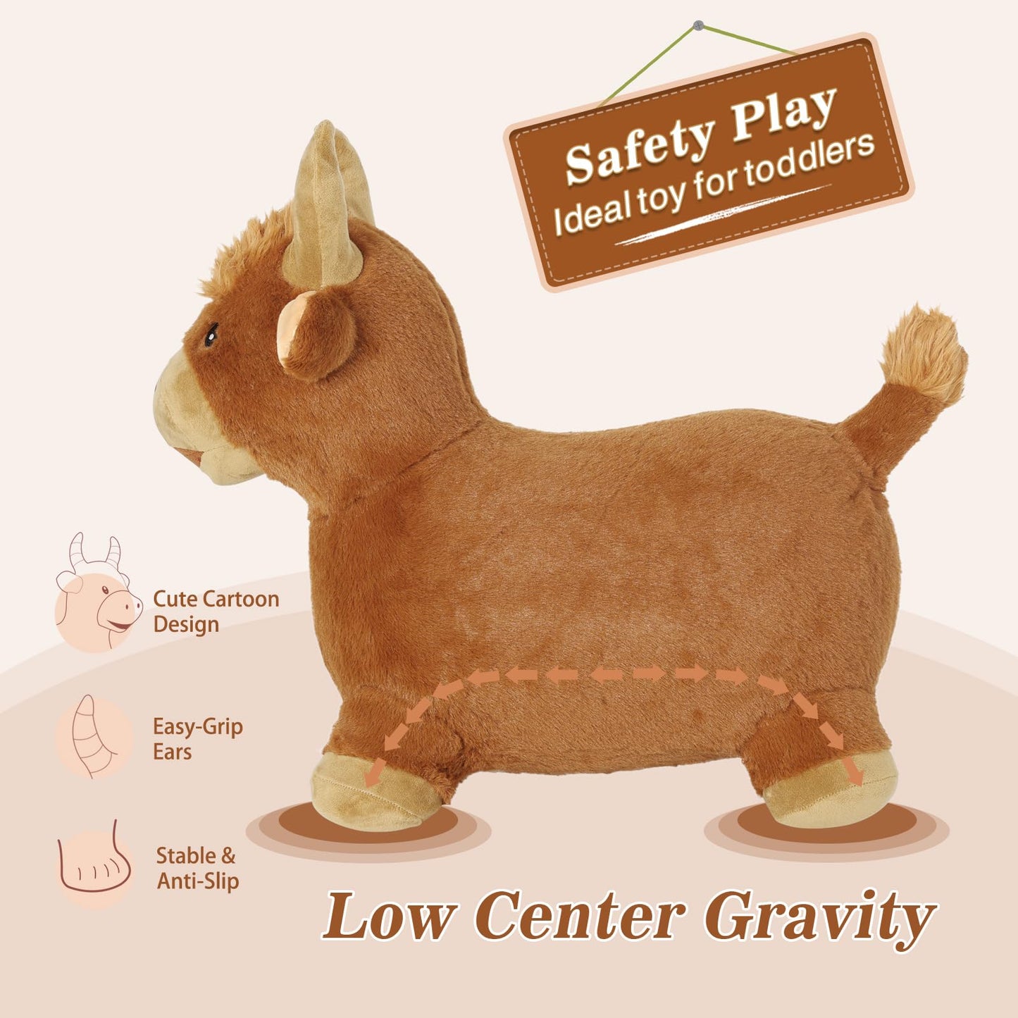 INPANY Bouncy Bull Hopping Toys - Toddler Brown Plush Cow Hopper, Kids Inflatable Farm Animal Hopper Horse, Outdoor Indoor Ride on Rubber Bouncer, Toys for 2 3 4 Year Old Boy Girl Birthday Gifts