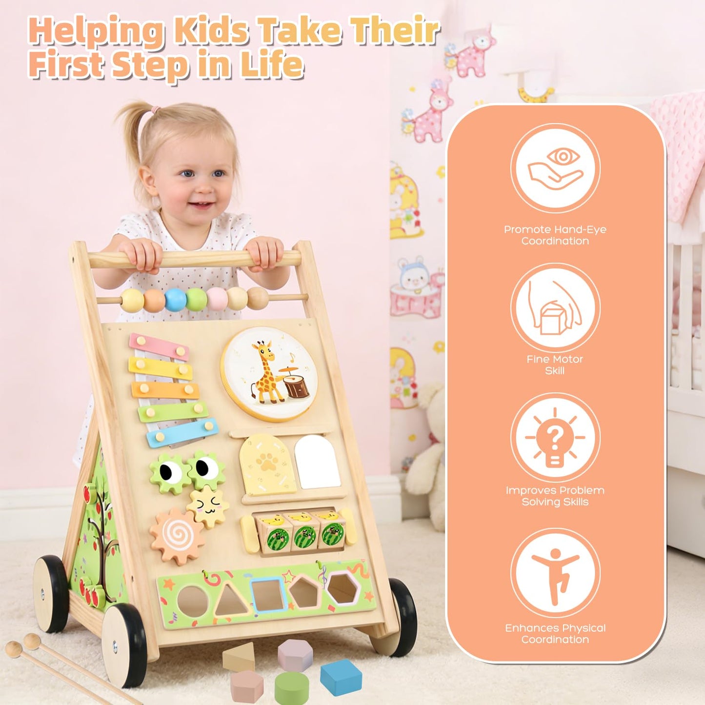 Wooden Baby Walker with Wheels Baby Push Walker for Boys Girls 6-12 Months Wooden Walker Activity Center Walking Toys for 1 Year Old Learning to Walk Sit to Stand Walker for Baby 12-18 Months Push Toy