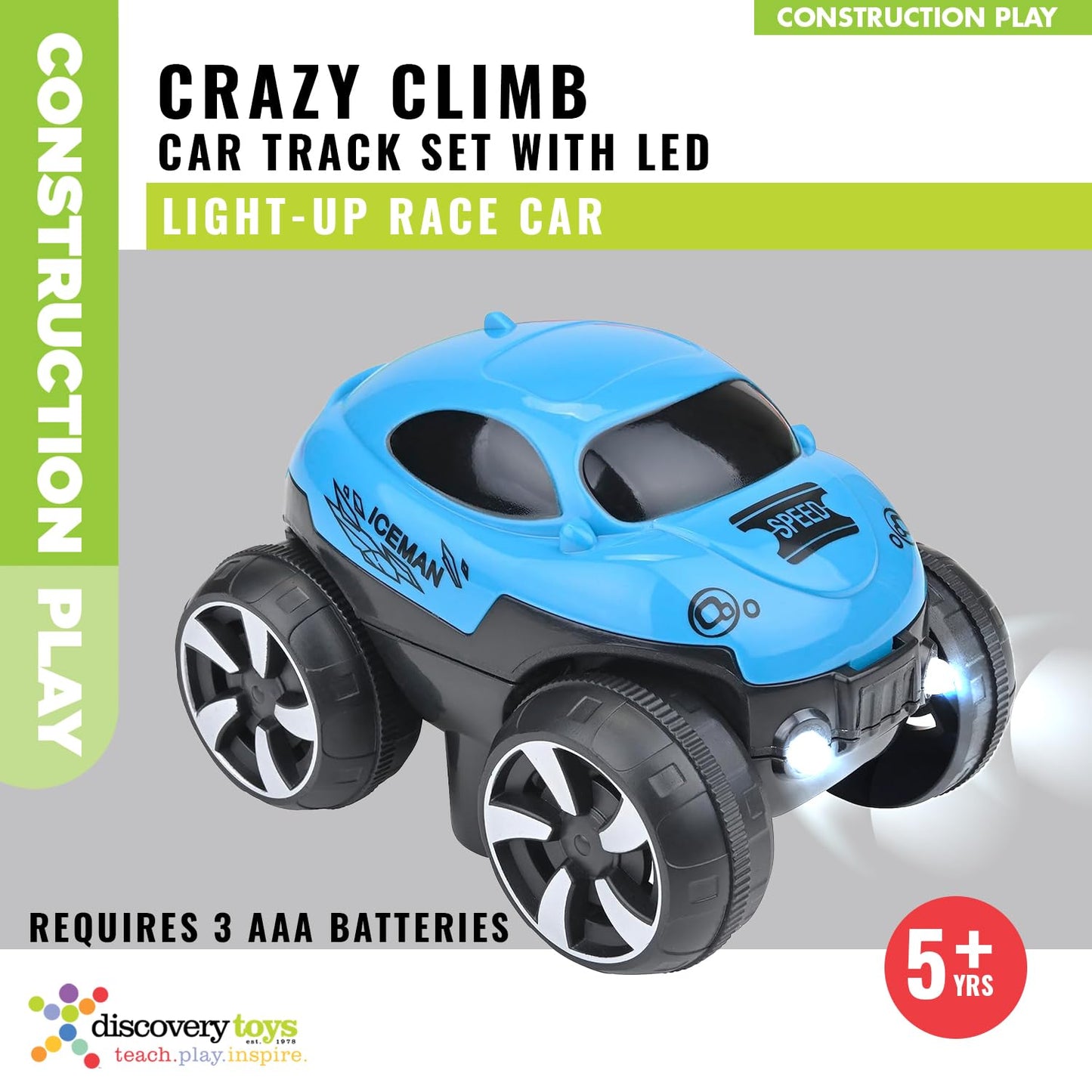 Discovery Toys – Crazy Climb Track | Car Track Set with LED Light-Up Race Car | Interchangeable Car Shells | Multicolor Flexible Changeable Track | Custom Racetrack Toy | 5+ yrs