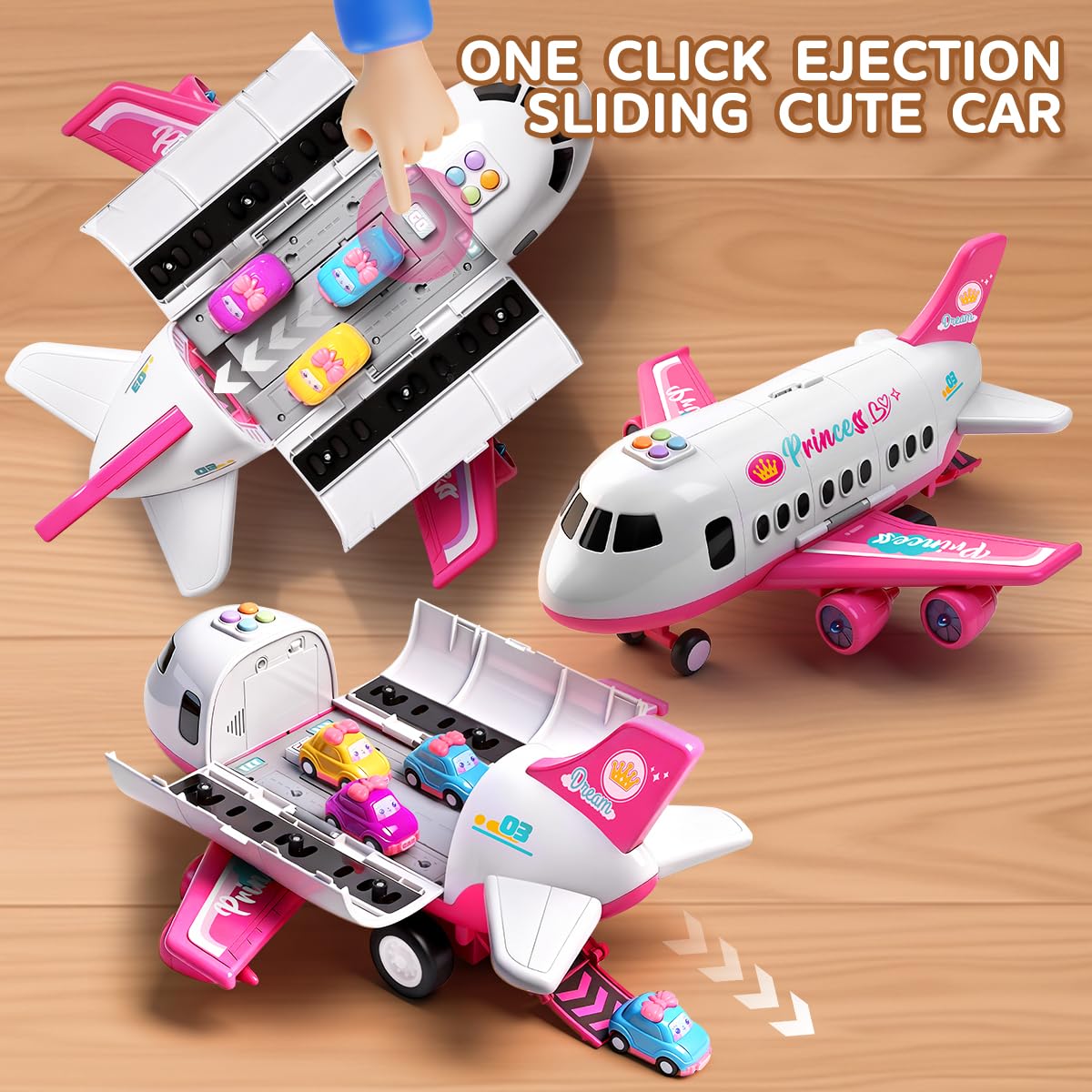 Pink Airplane Toy with Princess Cars and Play Mat,Plane with Lights and Sounds for 2 3 4 5 6 7 Year Old Toddler Girls,Birthday Gift Idea for Kids