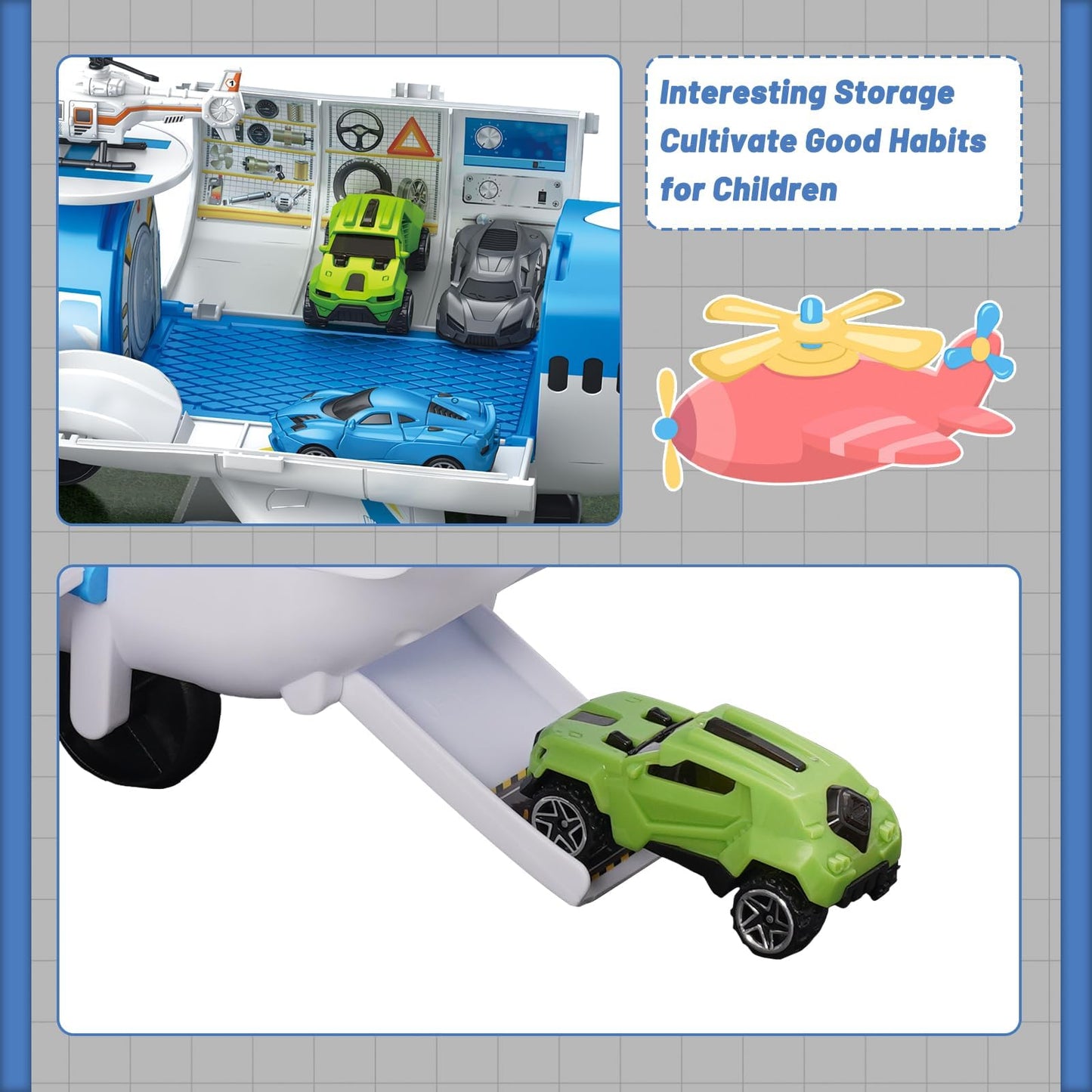 Airplane Toy Car Toy Set Airport Playmat with Helicopter, Truck, Plane, Sign Parking Lot Toy Set with Traffic Signs and Road Accessories Transport Airplane Scene Play Mat for Toddler Age 3+