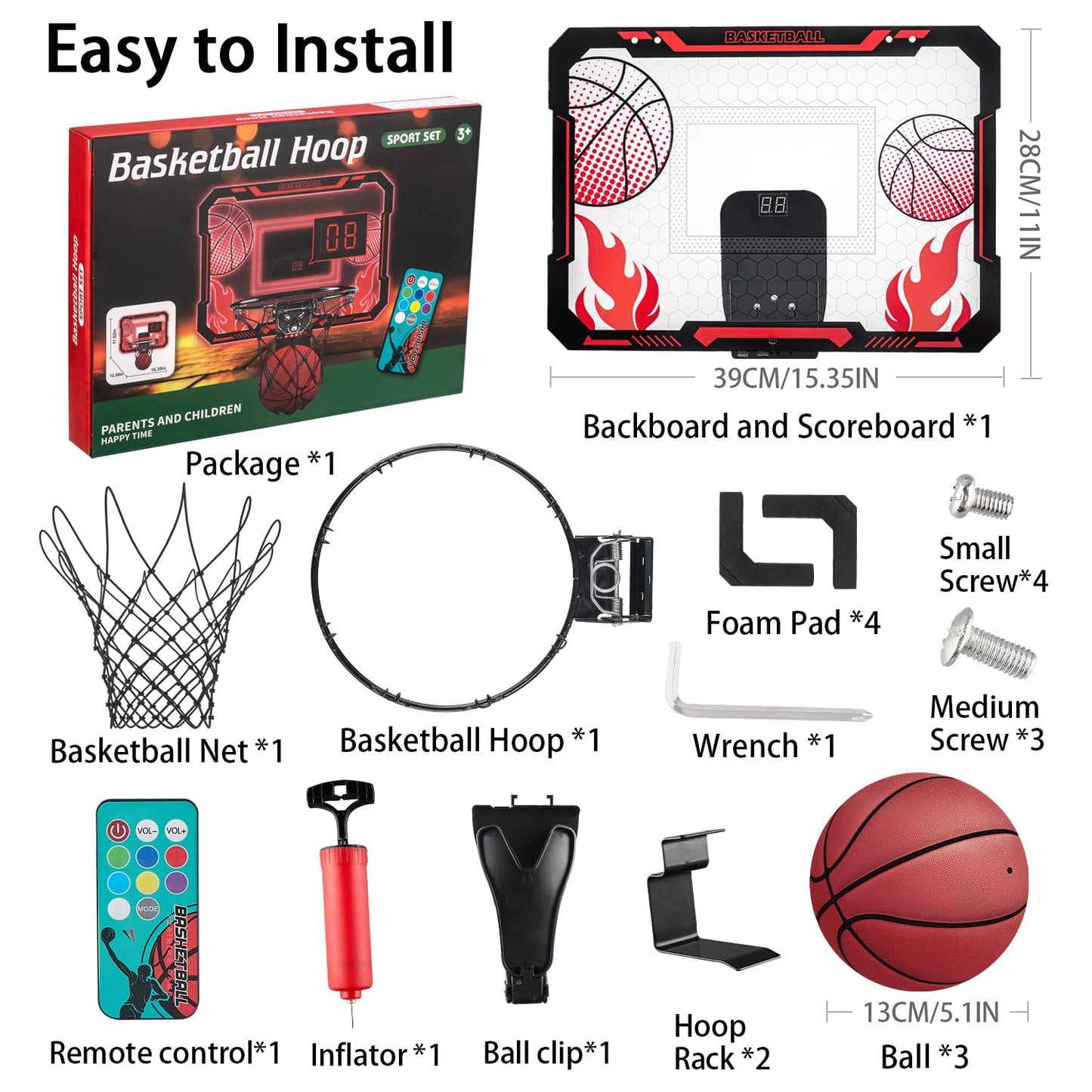 VROGTIK Indoor Basketball Hoop for Kids with Led Lights Mini Basketball Hoop with Remote Control Over The Door Basketball Hoops with Scoreboard Basketball Toys for 4-12 Year Old Boys Girls
