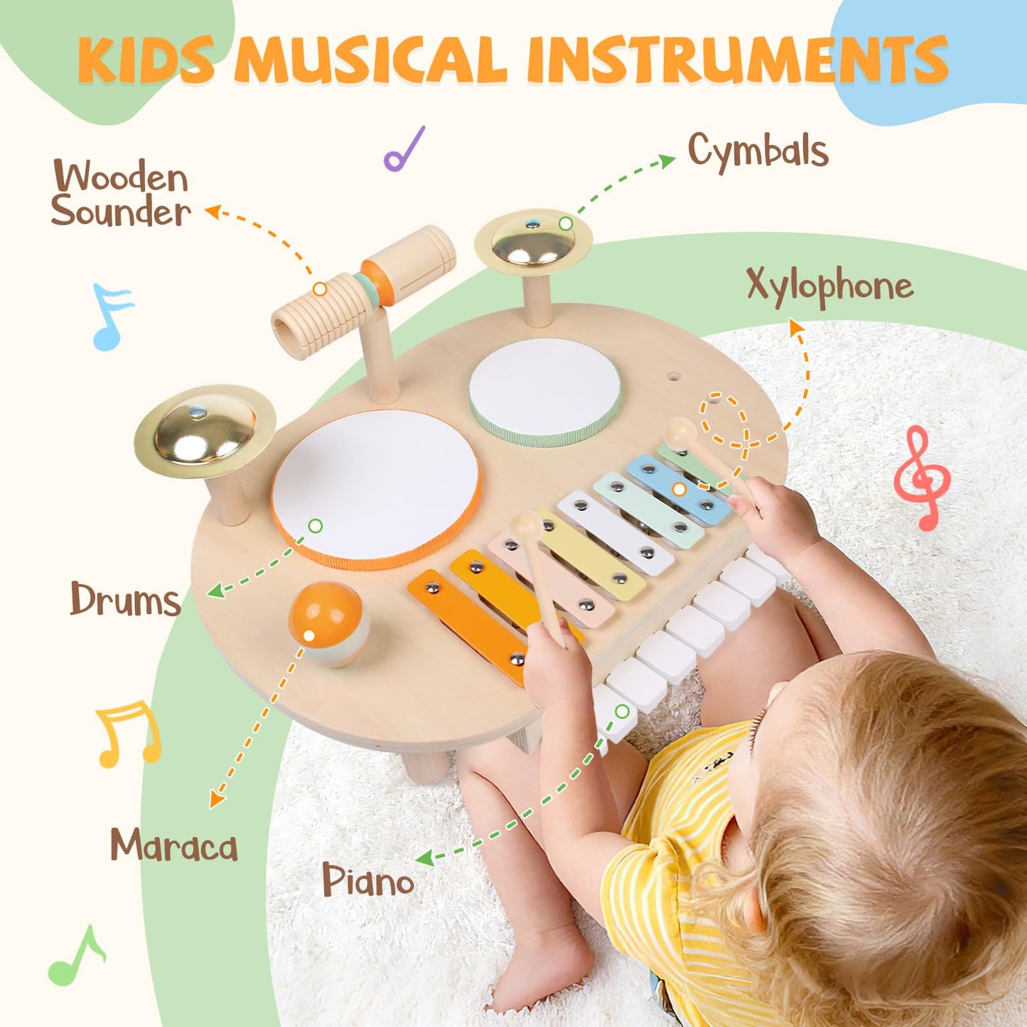 YHHYTOY Toddler Drum Set for Kids, Wooden Montessori Toys for 2 Year Old, Baby Musical Instruments Percussion Set with Xylophone, Toddler Gifts for 2 3 4 Year Old Girls Boys Kids