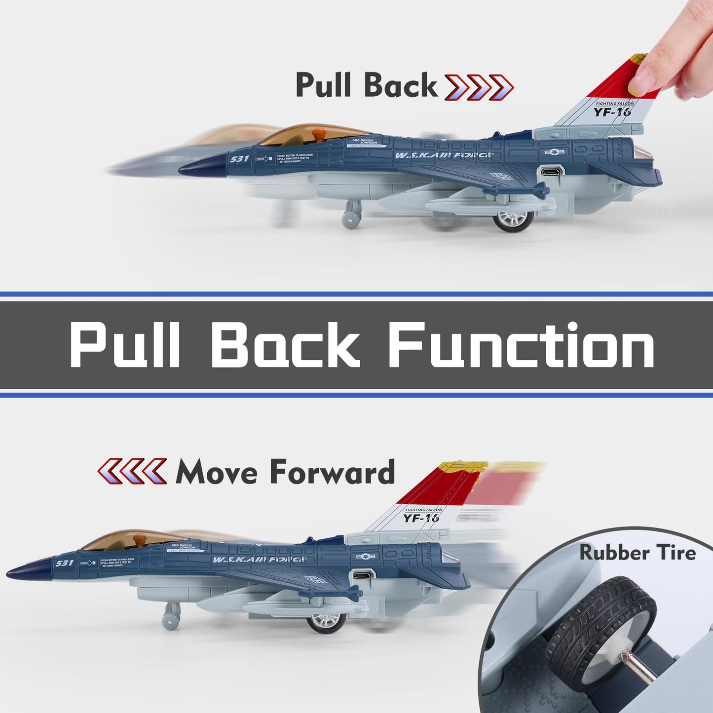 Crelloci Diecast Metal Alloy Fighter Jet Military Airplane Toy with Mist Spray, Lights & Sounds, Pull Back Function Army Air Force Aircraft for Kids, Toddlers Ages 3+, Gift for Boys Girls (Blue)