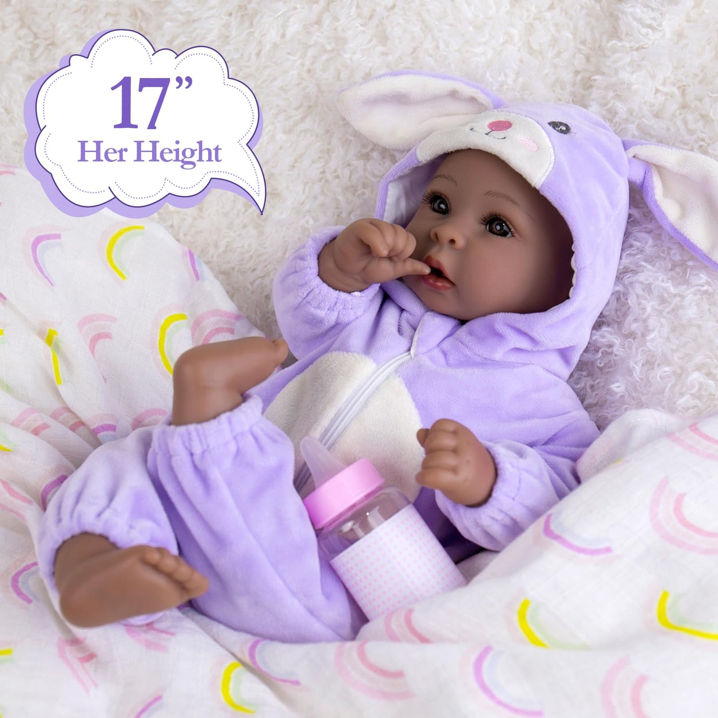 Aori Black Baby Dolls Realistic,17-inch Lifelike Soft Body Baby Girl That Look Real with Feeding Kit Included, Ideal Gift for Kids, Birthday, Pretend Play