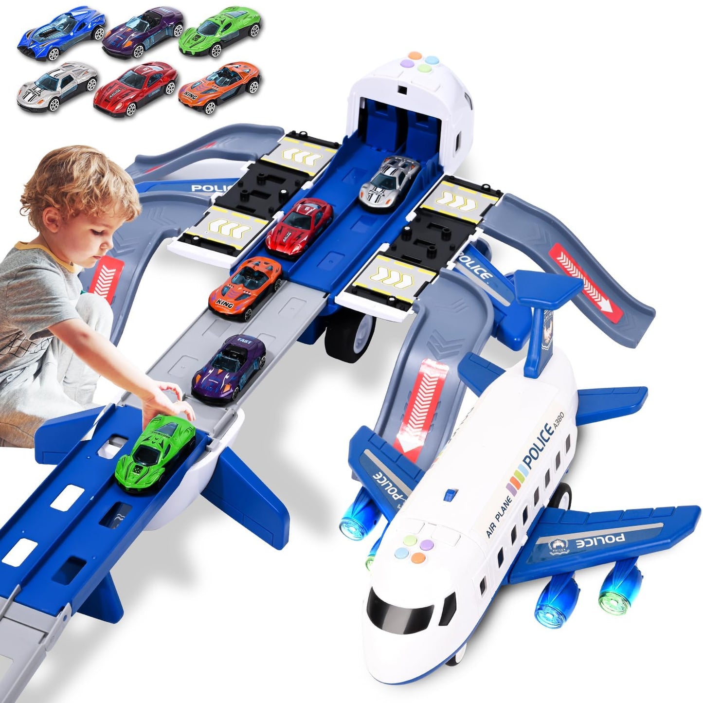 Tyyseis Airplane Race Track Kids Toys with Lights and Sound,Foldable 4 Layer Track Toy Set,Aairplane with Game Mat, Airplane Racing Cars,Christmas Birthday Gifts for Age 3 4 5 6+Years Old Boys Girls