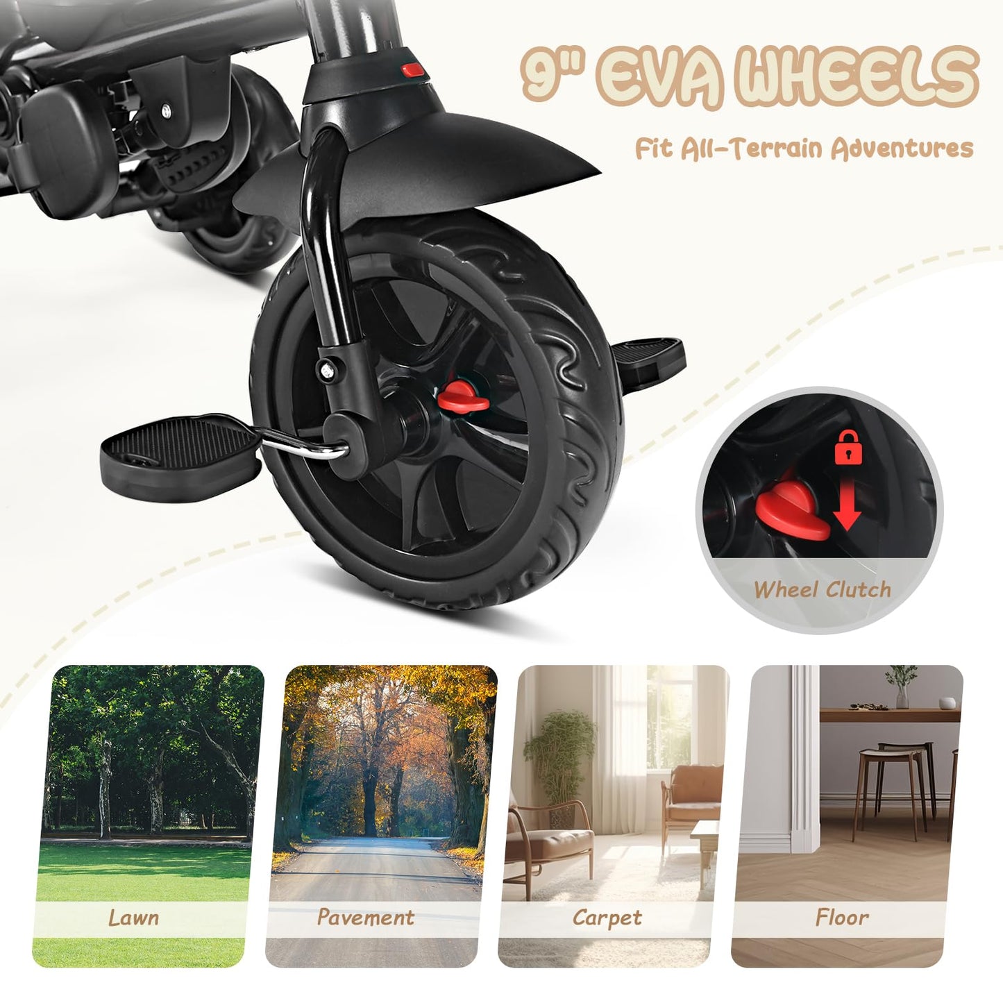 TODEFULL Folding Kids' Tricycle, 8 IN1 Baby Trike W/Removable Canpoy&Parental Push Rod, Toddler Bike Stroller for Kids 1-5 Years, 360° Swivel Seat, EVA Wheels，Storage Basket, Black