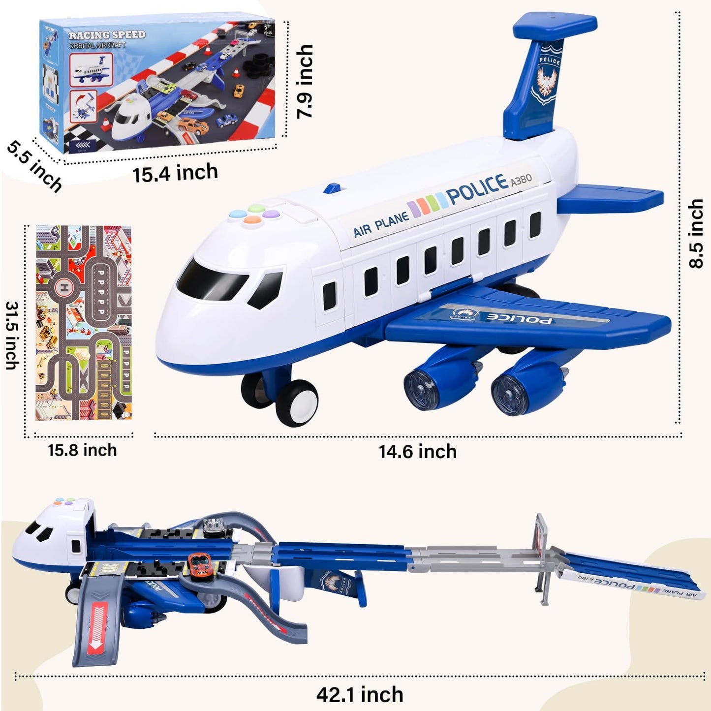 Tyyseis Airplane Race Track Kids Toys with Lights and Sound,Foldable 4 Layer Track Toy Set,Aairplane with Game Mat, Airplane Racing Cars,Christmas Birthday Gifts for Age 3 4 5 6+Years Old Boys Girls
