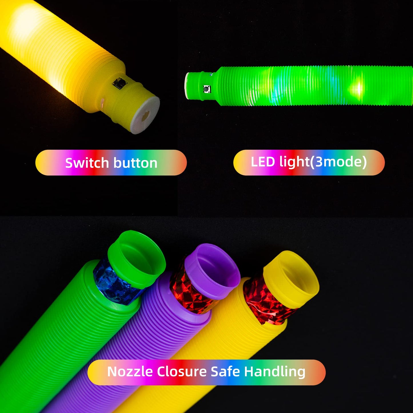 DJBoomy Light Up Pop Fidget Tubes: Glow Sensory Tube Stretch Toys for Kids Party Favors - Mini Plastic Pull Tubes Bulk with LED Lights Glowing Stick in the Dark (12 Pcs)