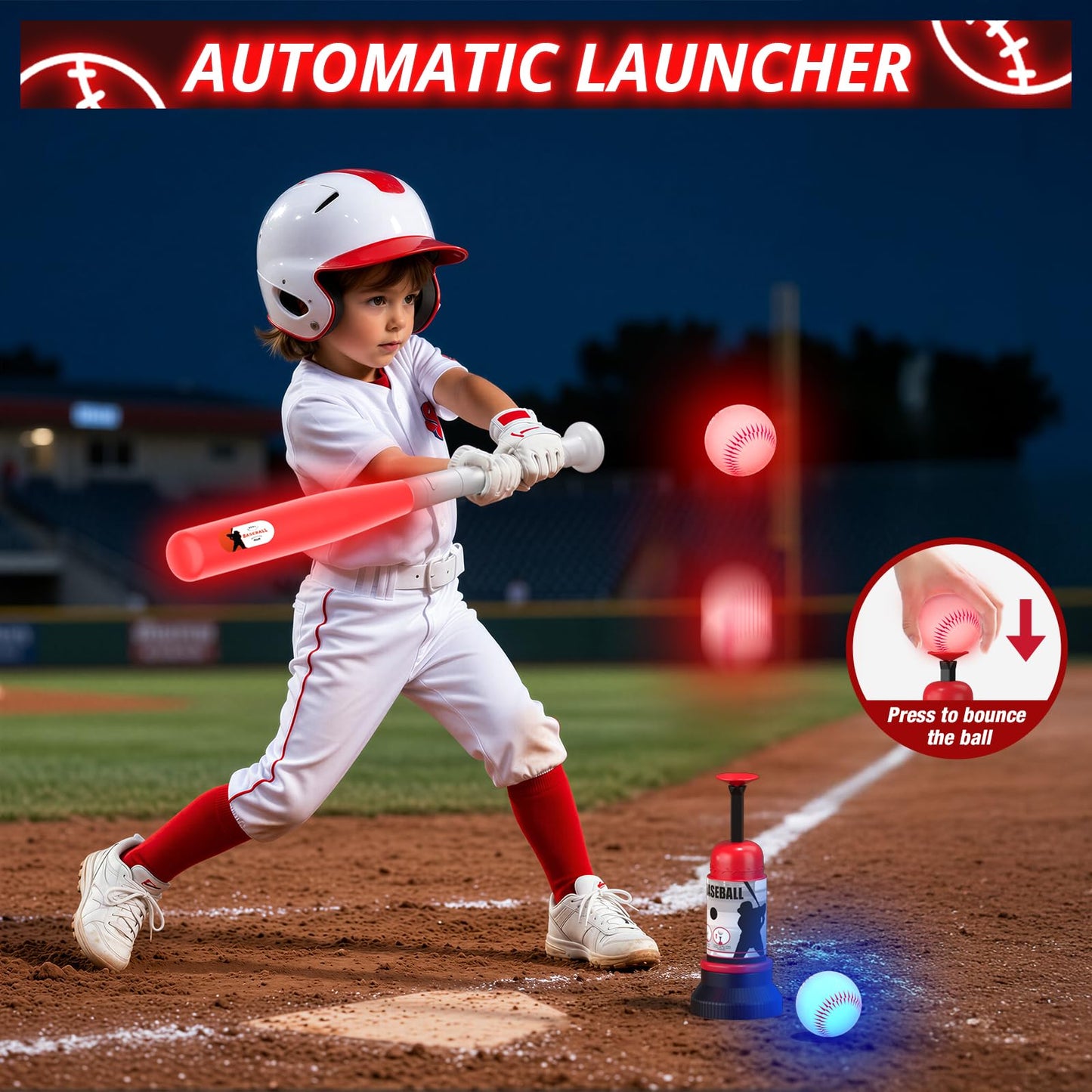 Wee Wonders 3-in-1 LED T Ball Set for Kids, Adjustable Height, Hanging Tee Ball Set with Baseball Launcher/4 Softballs/Light Up Bat, TBall Stand Sport Toys, Baseball Gifts for Boys Girls Age 3-5