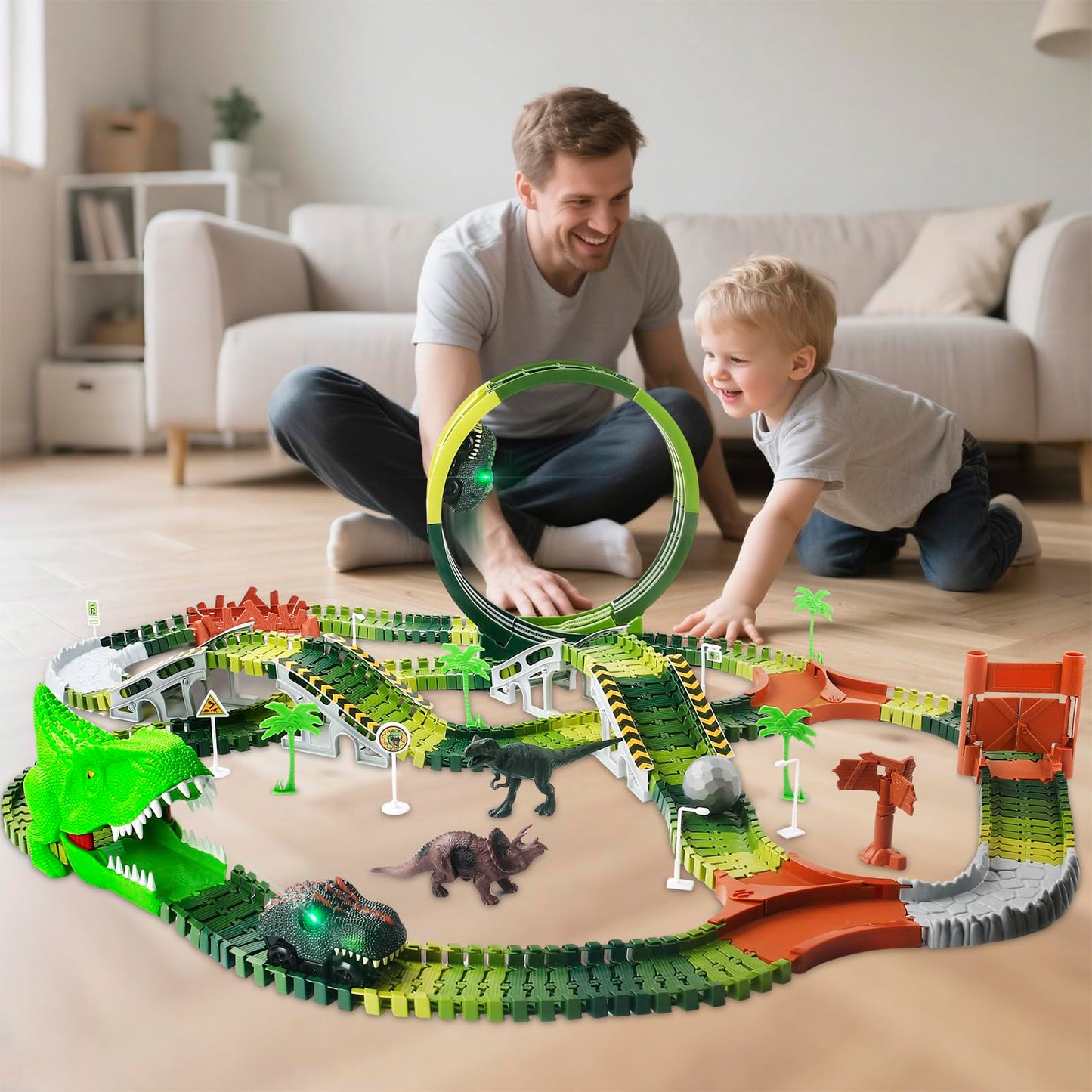Dinosaur Toys for Kids 3-5, 286 Pcs Create A Dinosaur Toys Race Car for Toddlers, Flexible Track Playset with 2 Dinosaur Cars, Dinosaur Party Favors for 3 4 5 6 Year Old Boys Birthday Gift