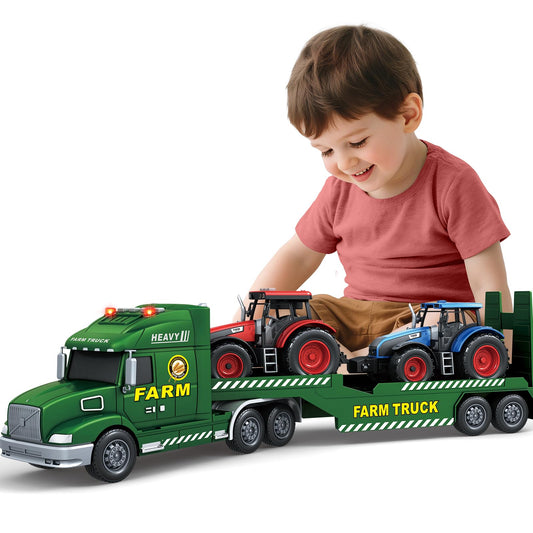 Bstoyder Toddler Boy Toys for 3 4 5 6 7 Years Kids, 27" Semi Flatbed Truck Toy with 2 Tractors, Friction Powered Vehicles Toys with Lights and Sounds, Birthday for Boy Girls