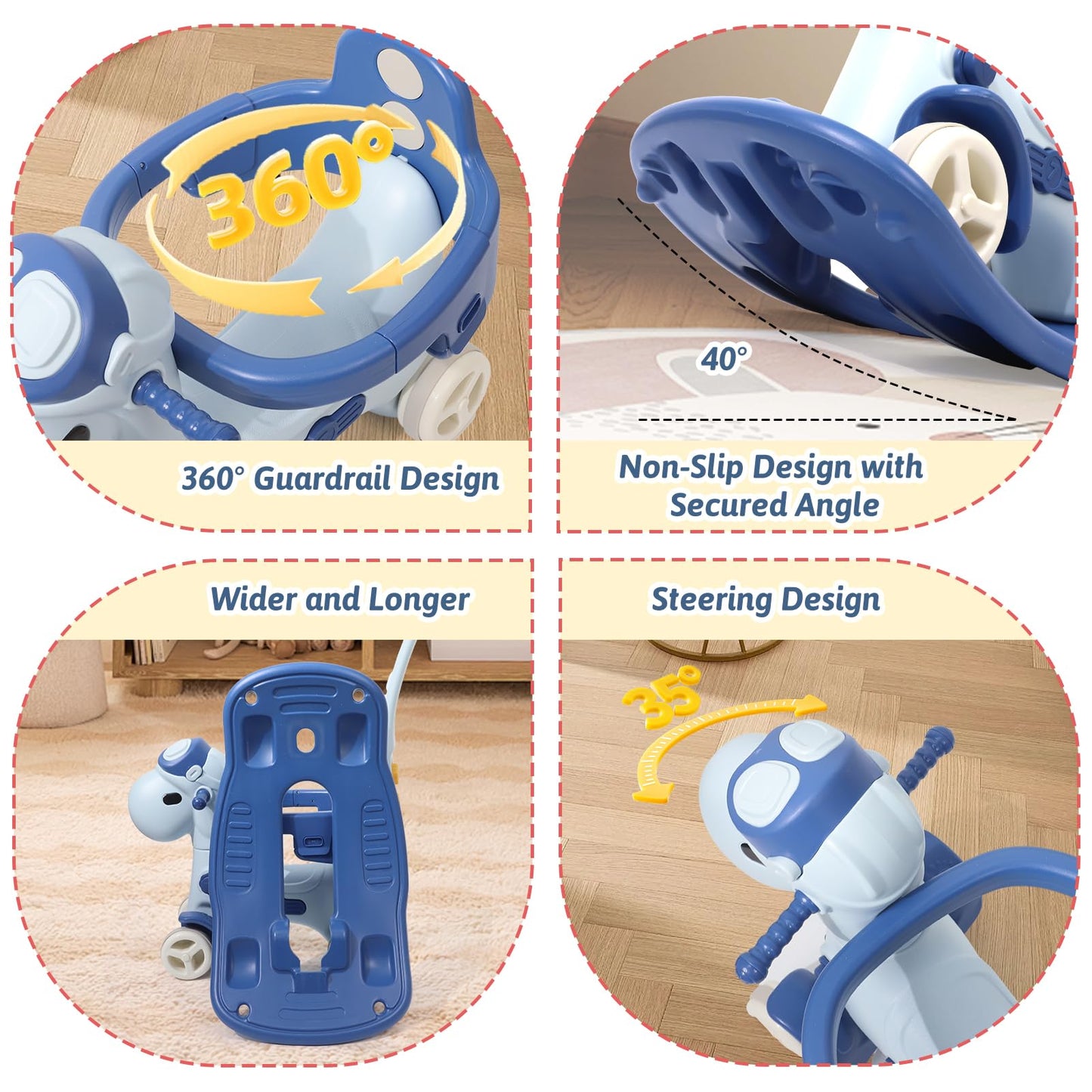 4 in 1 Rocking Horse for Toddlers 1-3 Years Old, Baby Rocking Toy Fun Birthday Gift for 1+ Kids, Ride on Toy with Guard Rails, Detachable Balance Board and Footrest with Push Handle (Blue)